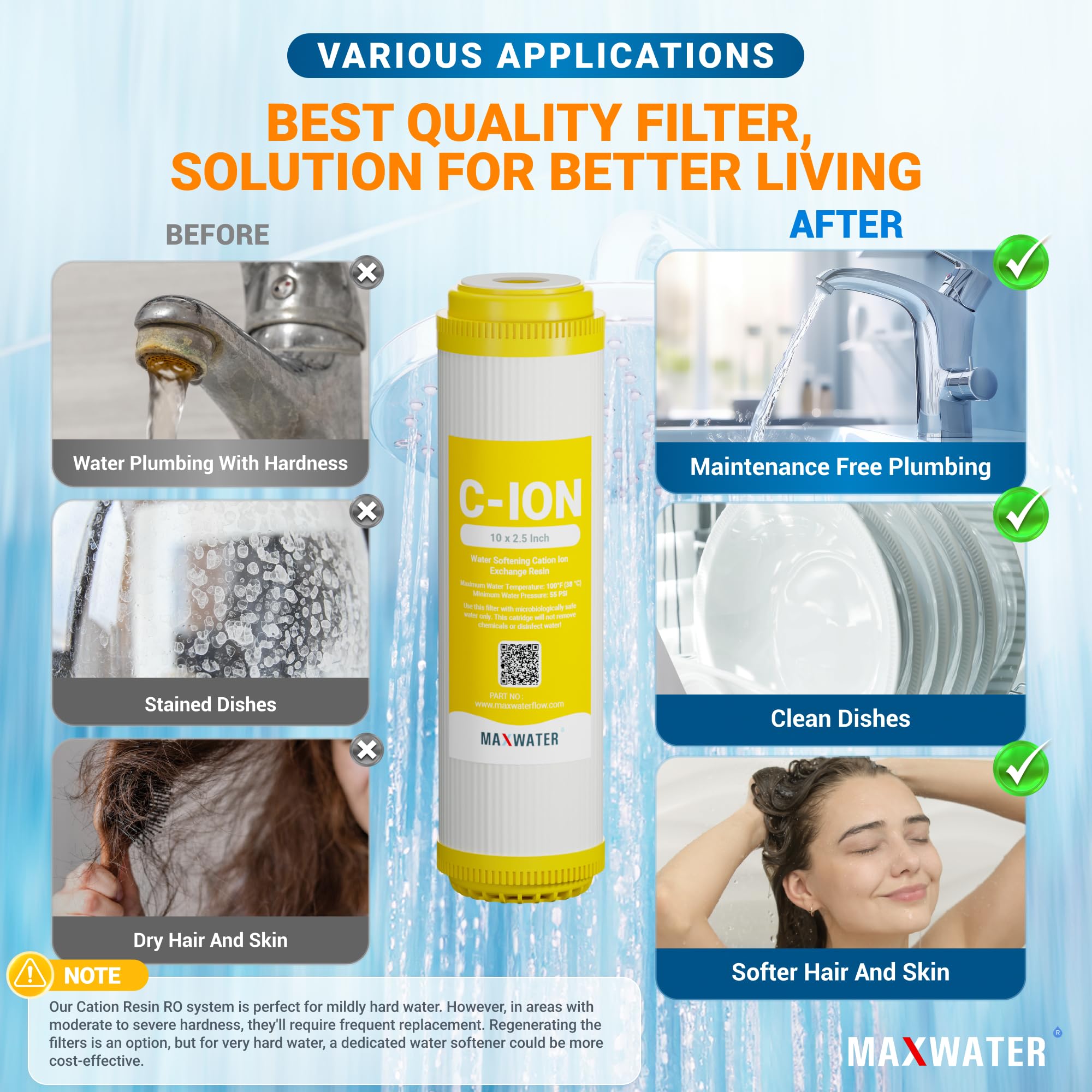 Calcio Magnesio TDS Dureza Reducción Agua Suavizante Cation Resina 2 Filtros