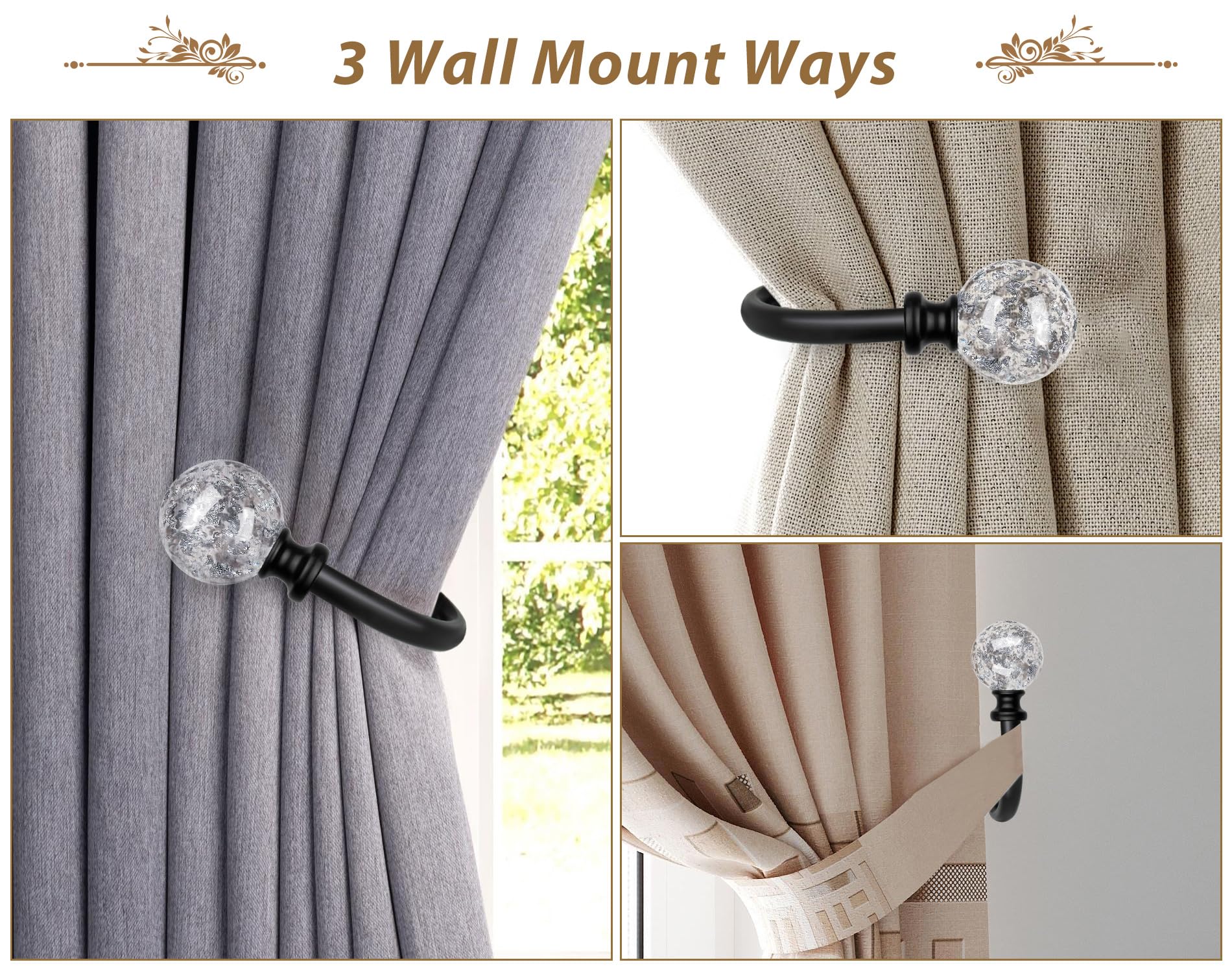 KAMANINA Black Curtain Holdbacks 2 Pack, U Form Crystal Decorative Curtain Holdback - Image 4