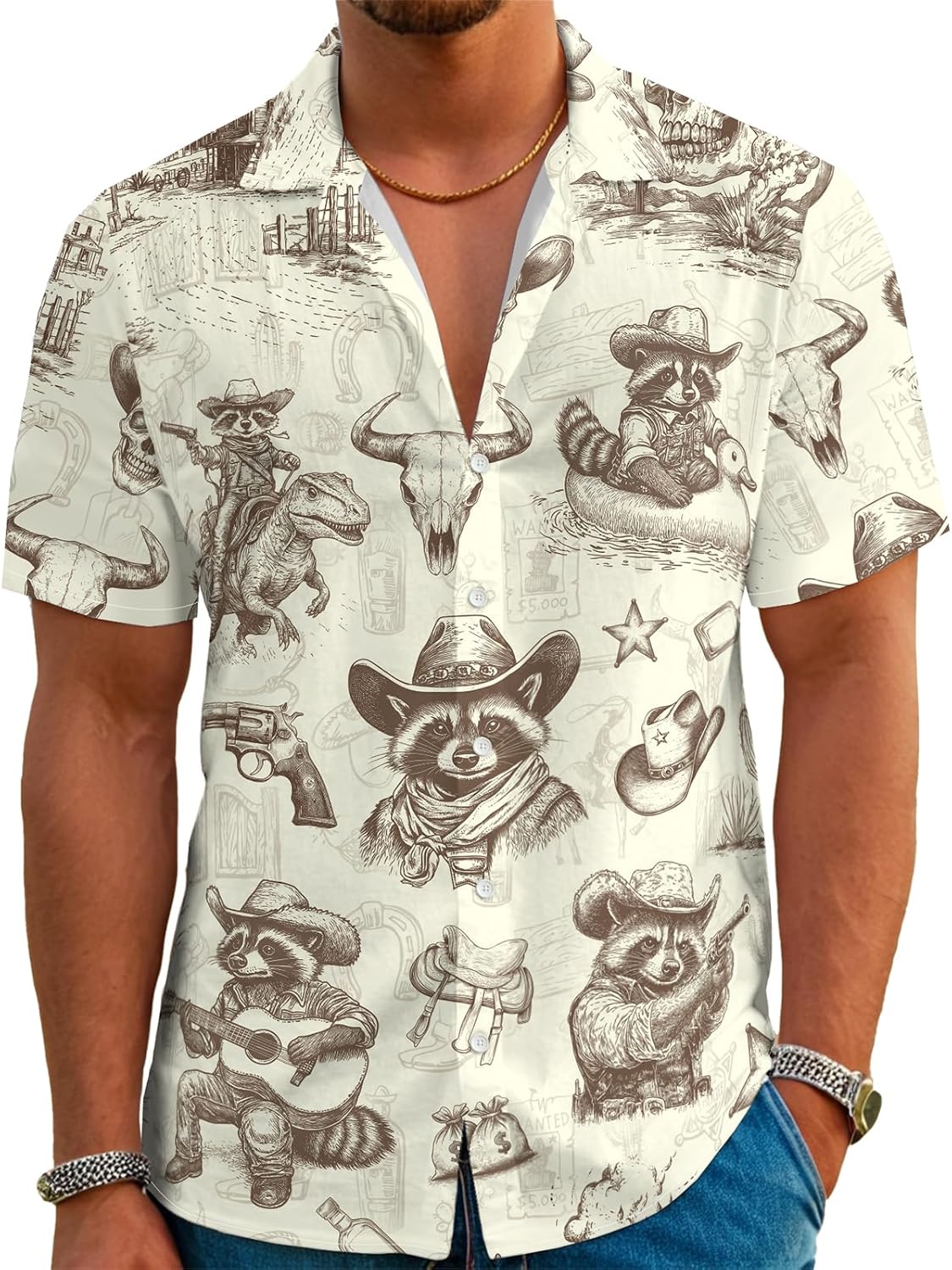 Men's Hawaiian Shirt Funny Vintage Western Cowboy Print Summer Beach Casual Short Sleeve Button Down Shirts