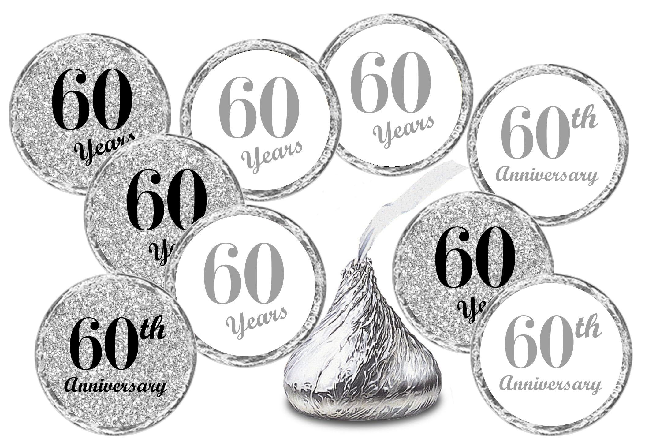 60th Anniversary Kisses Stickers, (Set of 216) Chocolate Drops Labels Stickers for 60 Wedding Anniversary, Party Favors Decor for Kisses. Made in USA