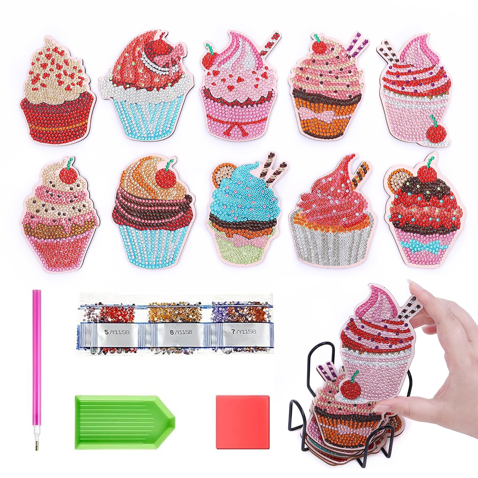 10個 ダイヤモンドアート コースター キット ケーキ, BetterJonny 5Dダイヤモンド塗装キットホルダー付きDIY木製ダイヤ画コースターセット初心者大人子供手作りテーブル装飾