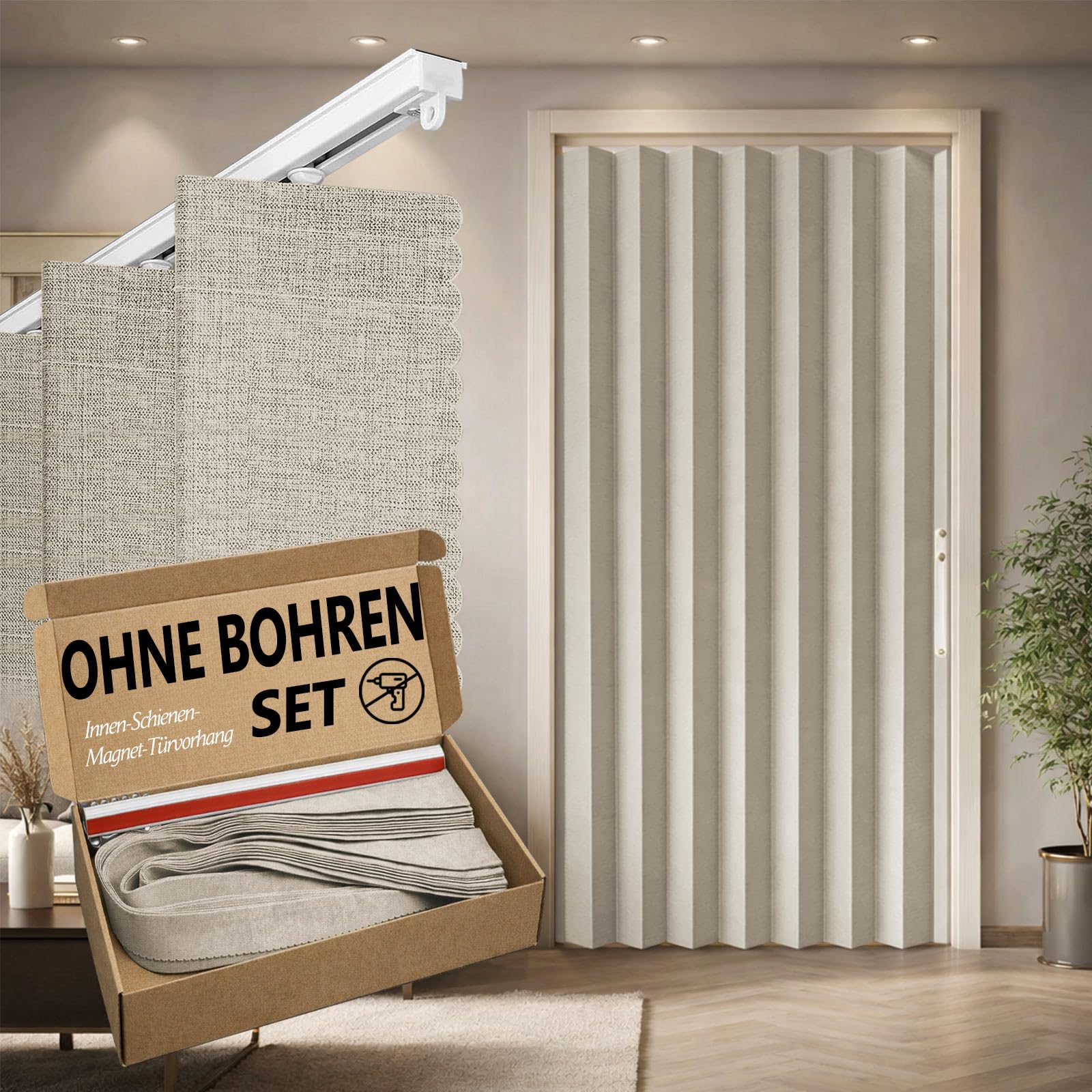 Jilron 100% Occultant pour Porte – Rideau Pliable Style Accordéon avec Fermeture Magnétique, Installation Adhésive sans Perçage, incl. Barre Adhésive, Occlusion & Protection Contre le Vent, Crème