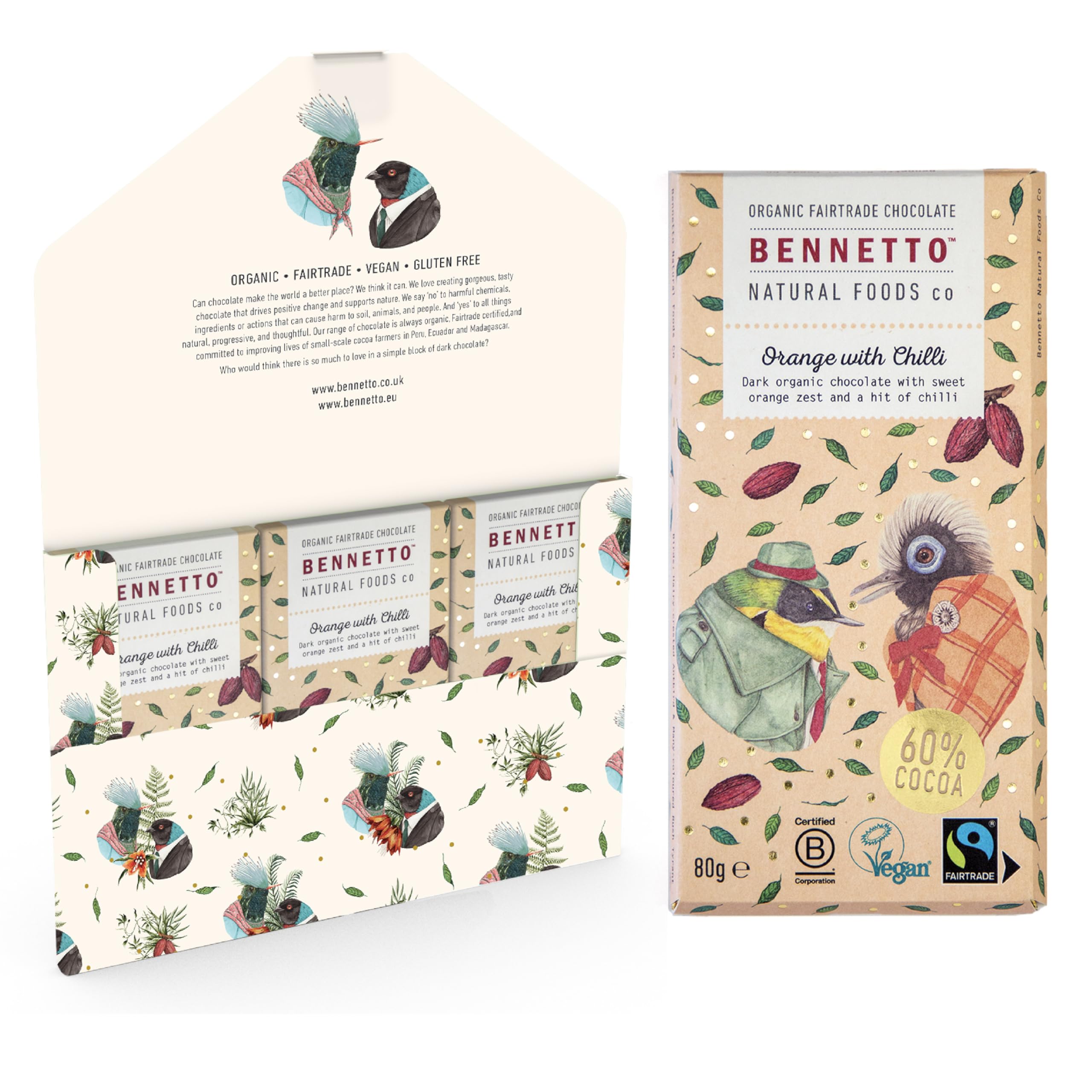 Orange with Chilli Dark chocolate with orange zest and a hint of chilli. 60% cocoa. Certified organic, Fairtrade, and net climate positive. Beautiful gifts for everyone. 3x 80g Full Size Bars.