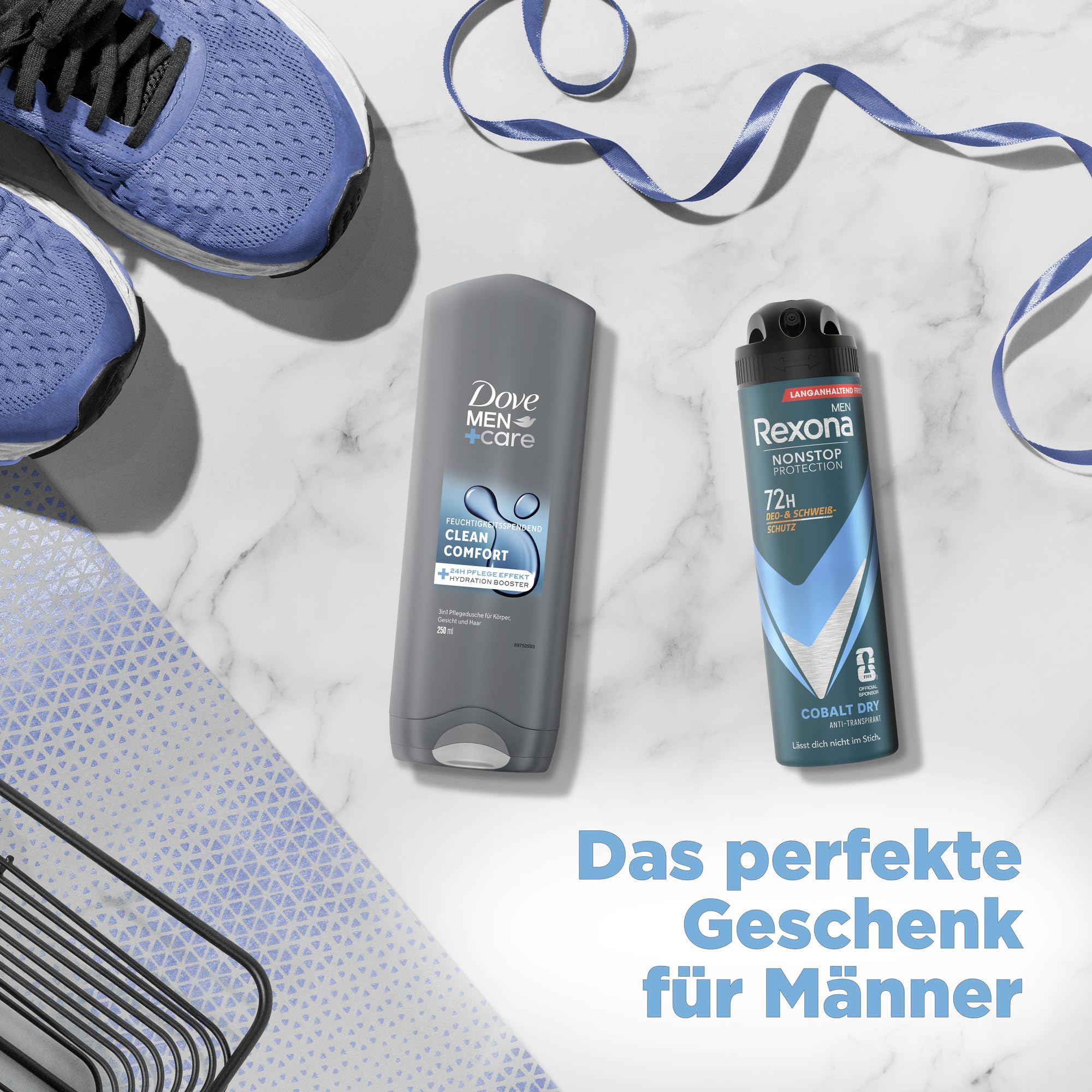 Rexona Geschenkset für Männer Sports Collection Pflegeset mit 2x Anti Transpirant (2x 150 ml), Pflegedusche (250 ml) und einer Trinkflasche aus Edelstahl (750 ml)