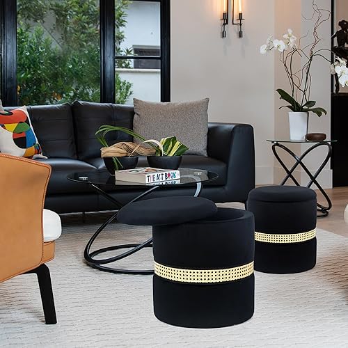 Miniatura 5 de Joveco Juego de 2 otomanas redondas de terciopelo para almacenamiento, reposapiés tapizado, mesa auxiliar con banda tejida para sala de estar y