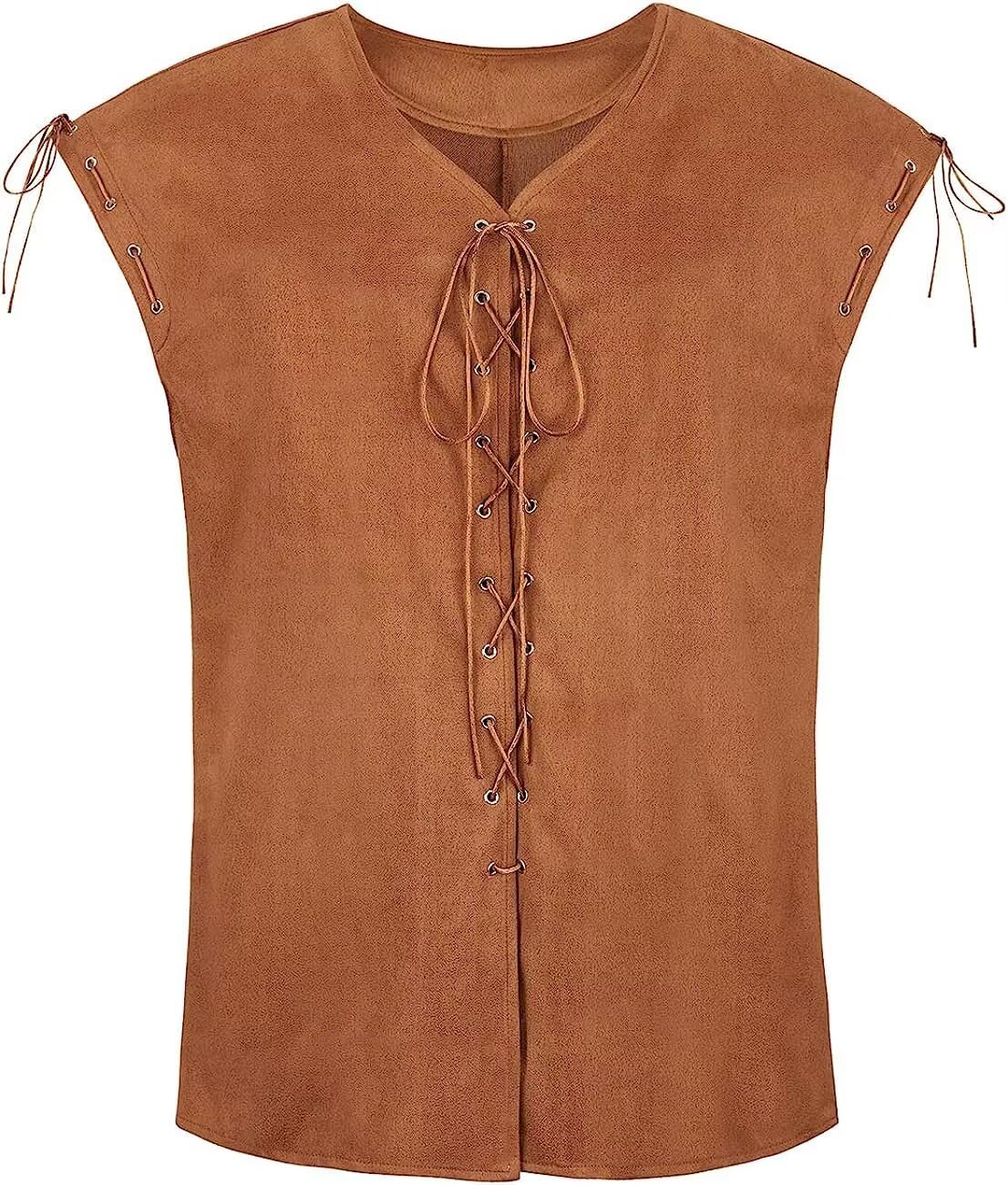 Men's Pirate Vest Medieval Costume Best Sleeveless Lace-up Vest Renaissance Waistcoat Vintage Victorian Halloween Brown S — image 1