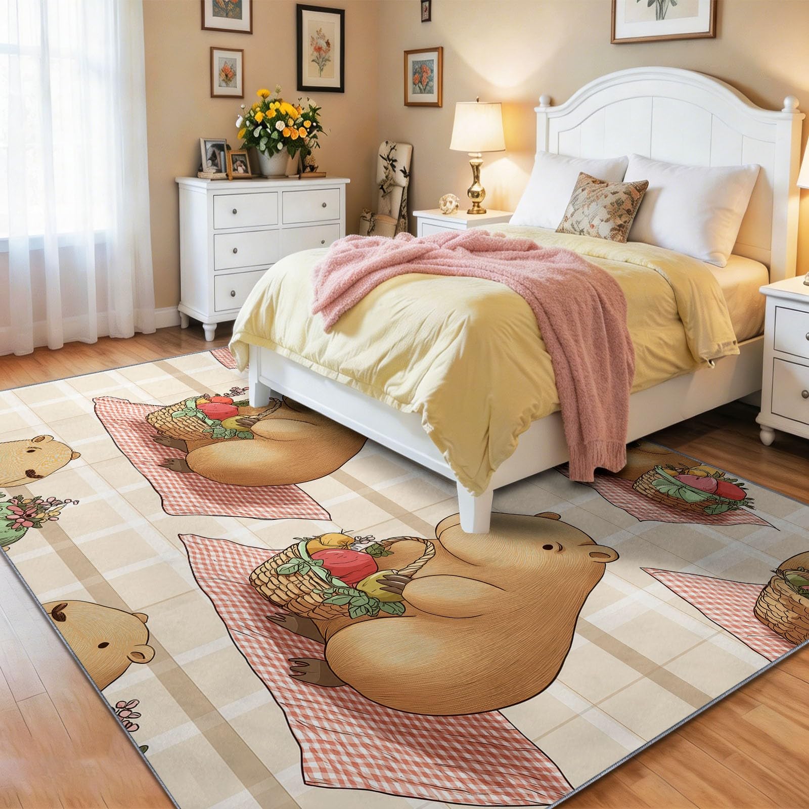 Kapibara w koszu dywan do pokoju dziecięcego antypoślizgowy spód do salonu, sypialni i pokoju dziecięcego nowoczesny dywan 160 x 230 cm, kolorowy
