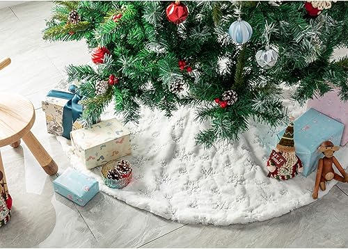 Miniatura 4 de Faldones de felpa para árbol de Navidad, 30 pulgadas, de piel sintética blanca como la nieve, cubierta de base de árbol de Navidad con copos de
