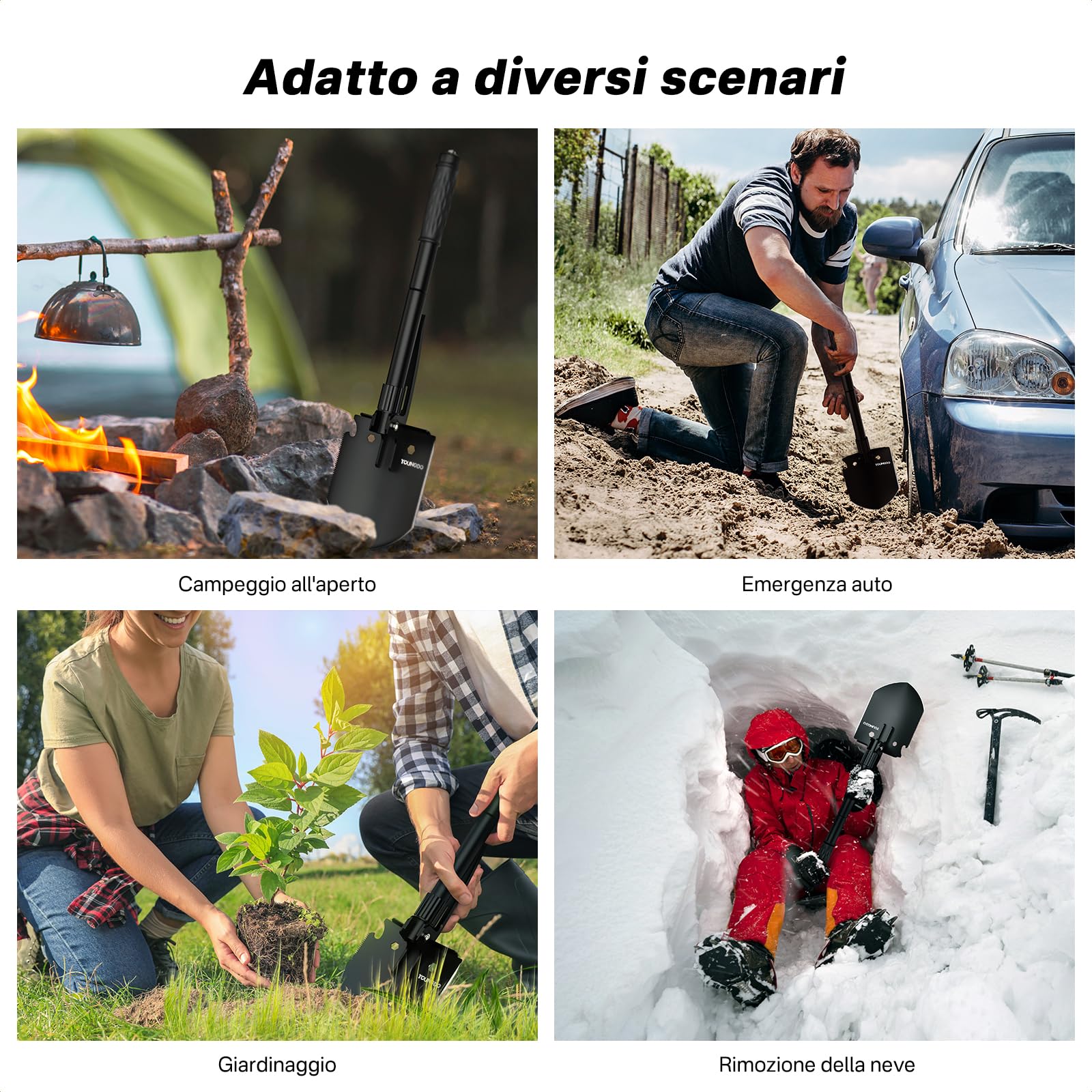 YOUNGDO Pala pieghevole, 10 funzioni, pala pieghevole multifunzionale, facile da trasportare, in lega di acciaio inossidabile, pala rimovibile per sopravvivenza, pala da neve, giardino, campeggio