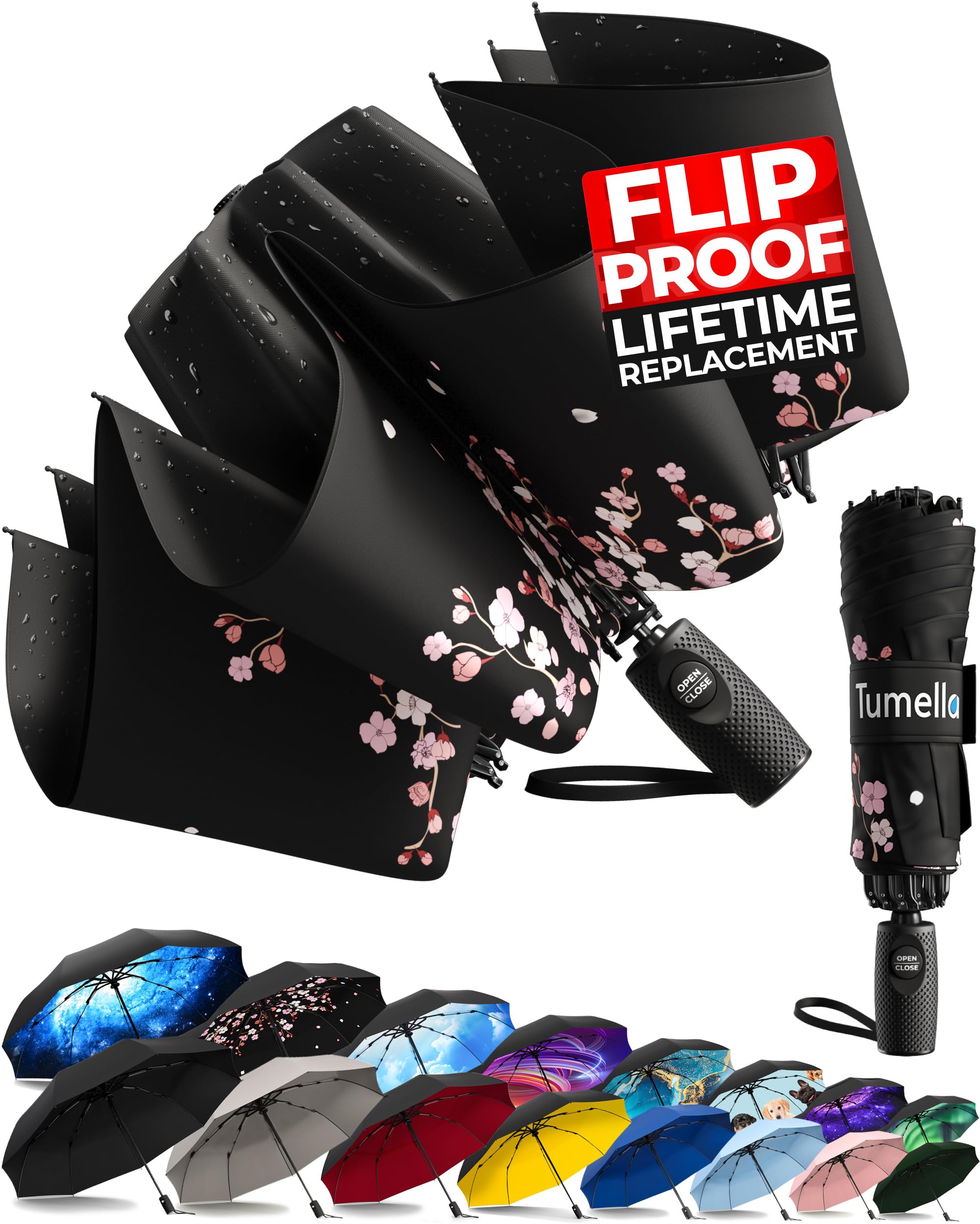TUMELLA Flip-proof Inverted Travel Umbrella, Small Strong but Light Portable and Automatic Reverse Folding Rain Umbrella, Durable Premium Grip, Fits