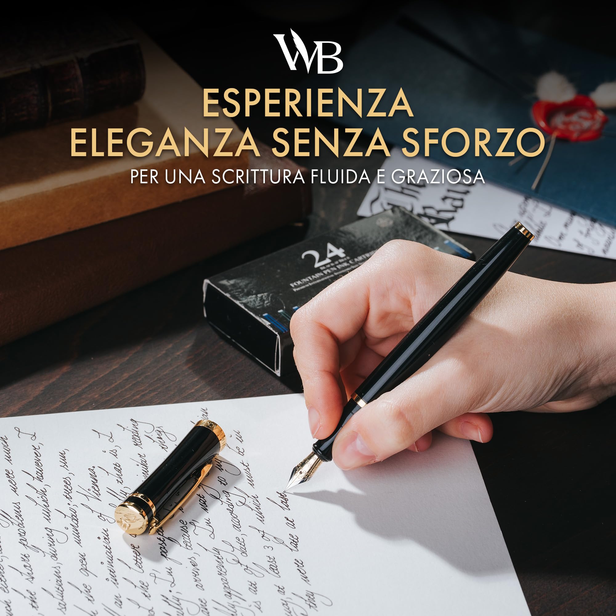 Wordsworth & Black Set di penne stilografiche, Pennino medio, 24 cartucce inchiostro e convertitore, Oro nero