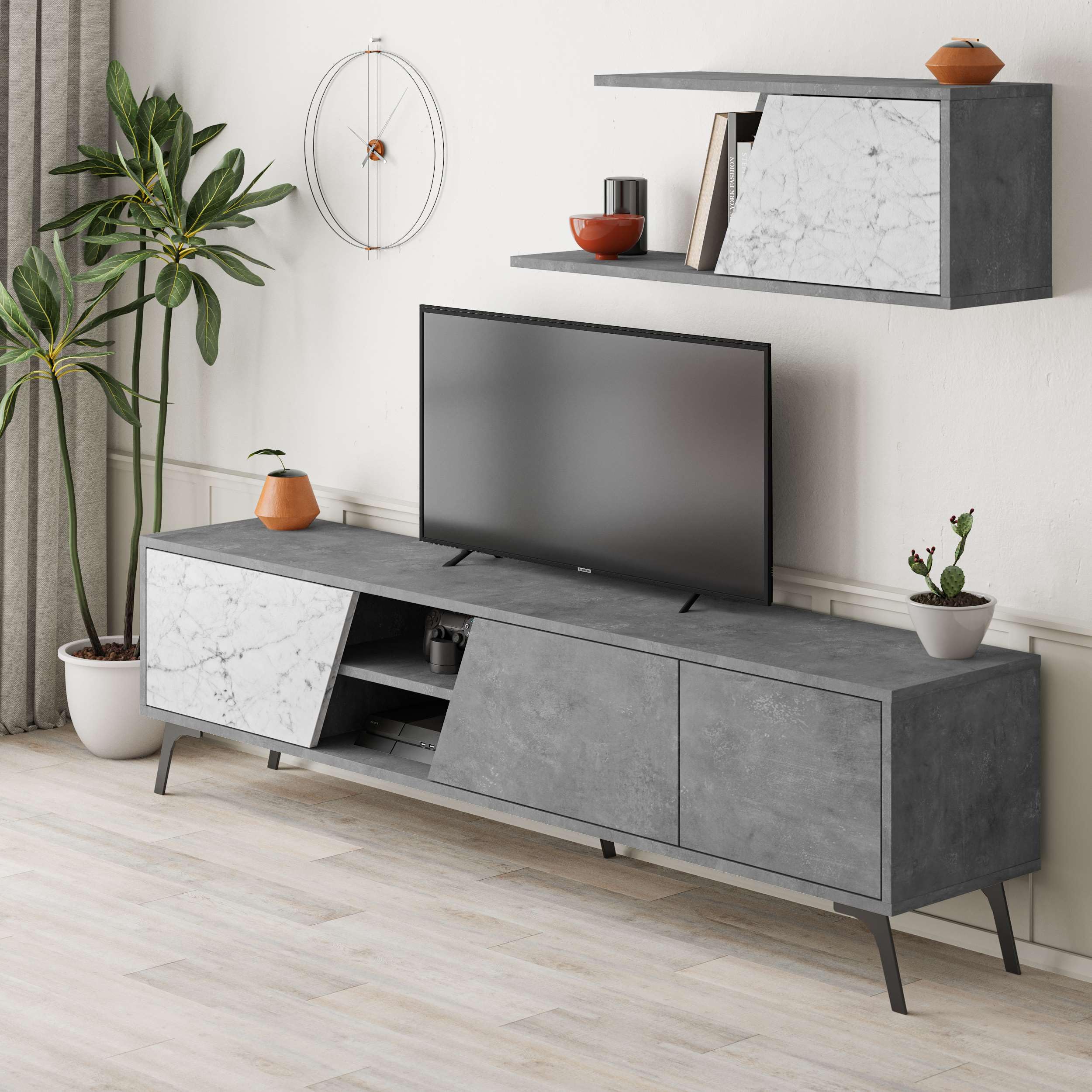 Totò Piccinni Parete Tv LOFT Porta TV mobile salotto multiuso composizione soggiorno 180x35,6 (Cemento/Carrara)