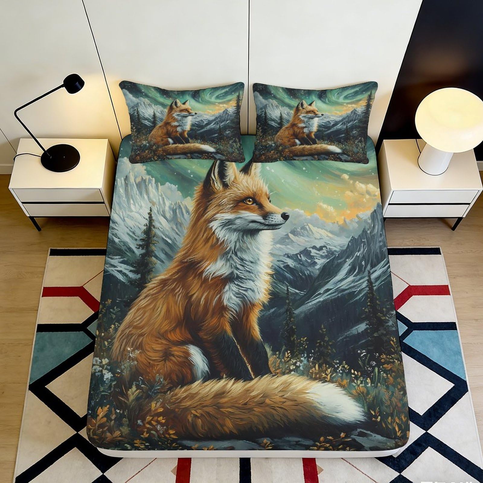 3D Printed Fox Forest Fitted Sheet Microfiber Soft Breathable Mountain Bed Cover for Bedroom Guest Room 90x200x25cm