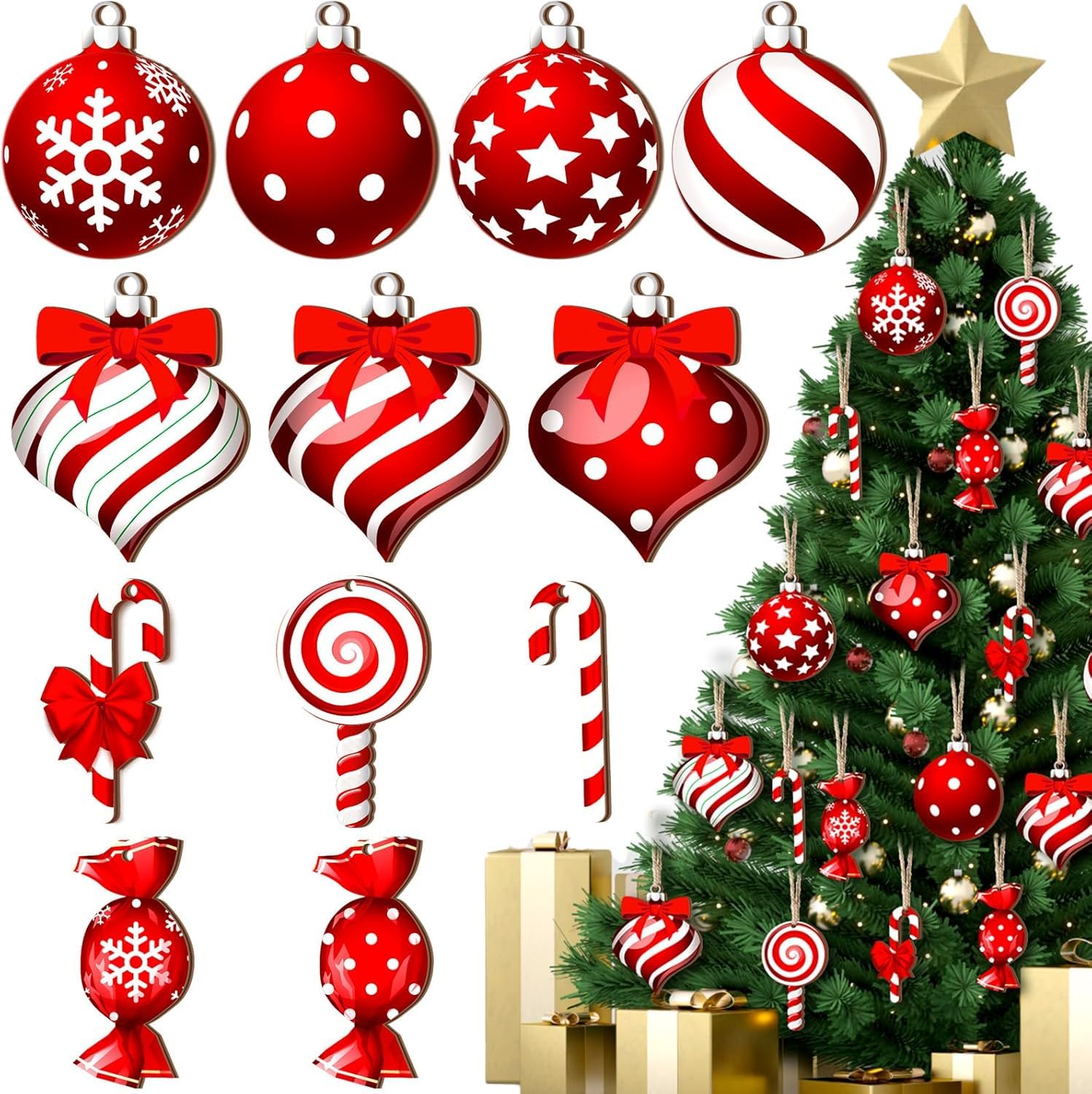 36 Pcs Christmas Candy Ornaments,Wooden Peppermint Lollipop Decoration for Christmas Tree,Red Lollipop Candy Hanging Decorations for Holiday Home Party,Xmas Lollipop Ornaments with Golden Ropes