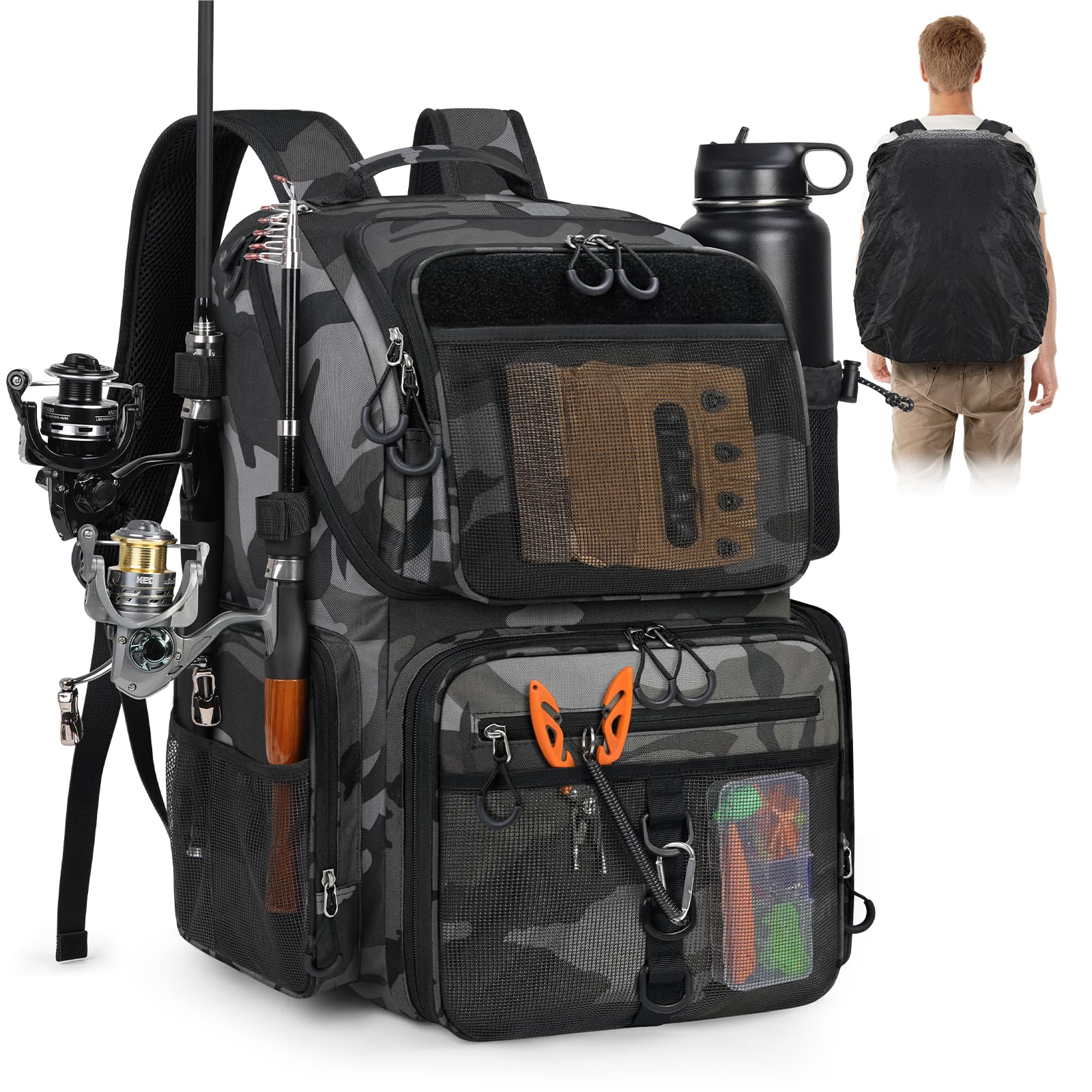 RAINSMORE Mochila de Pesca 45L con Soporte para Cañas y Funda de Lluvia, Impermeable Bolsa de Aparejos Gran Capacidad para Pescadores, Camuflaje