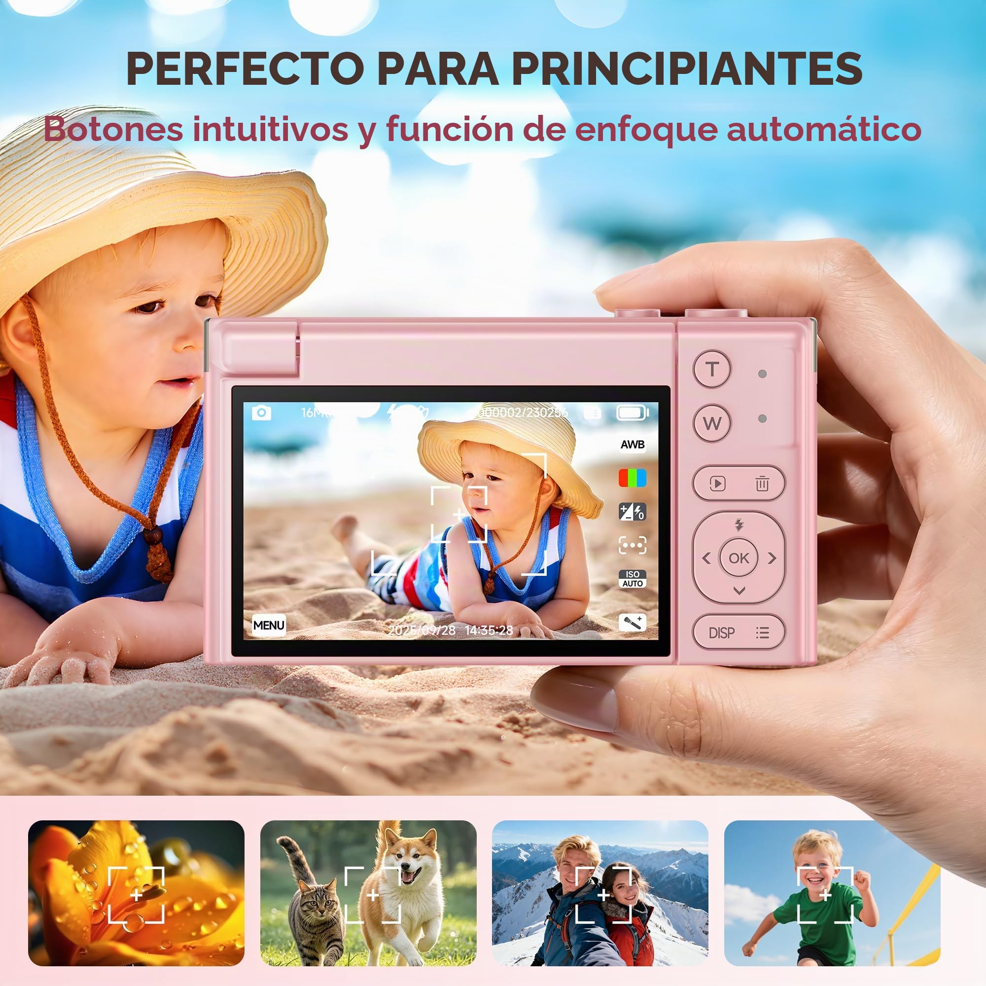 Camara de Fotos Digital 4K Profesional: Chica Cámara Digital con Pantalla Abatible 180° - CAM Compacta con 32G Tarjeta - 16X Zoom Camara para Principiantes Niña Adolescente