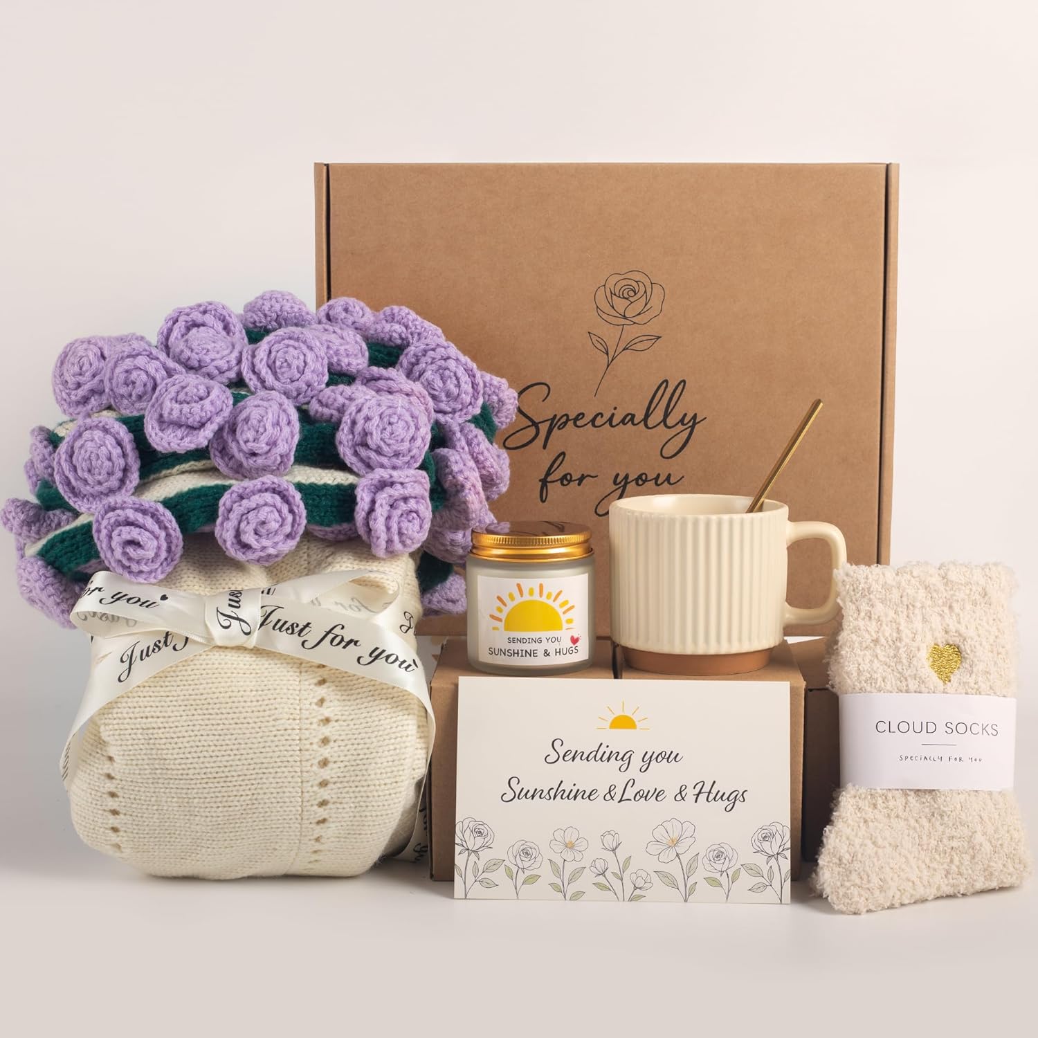 Get Well Gifts for Women, Flower Bouquet Blanket Gift Baskets, Care Package, Self Care Gifts, Thinking of You Gifts for Her Wife Mom Female Friends, Birthday Gifts for Women (Purple Rose Bouquet)