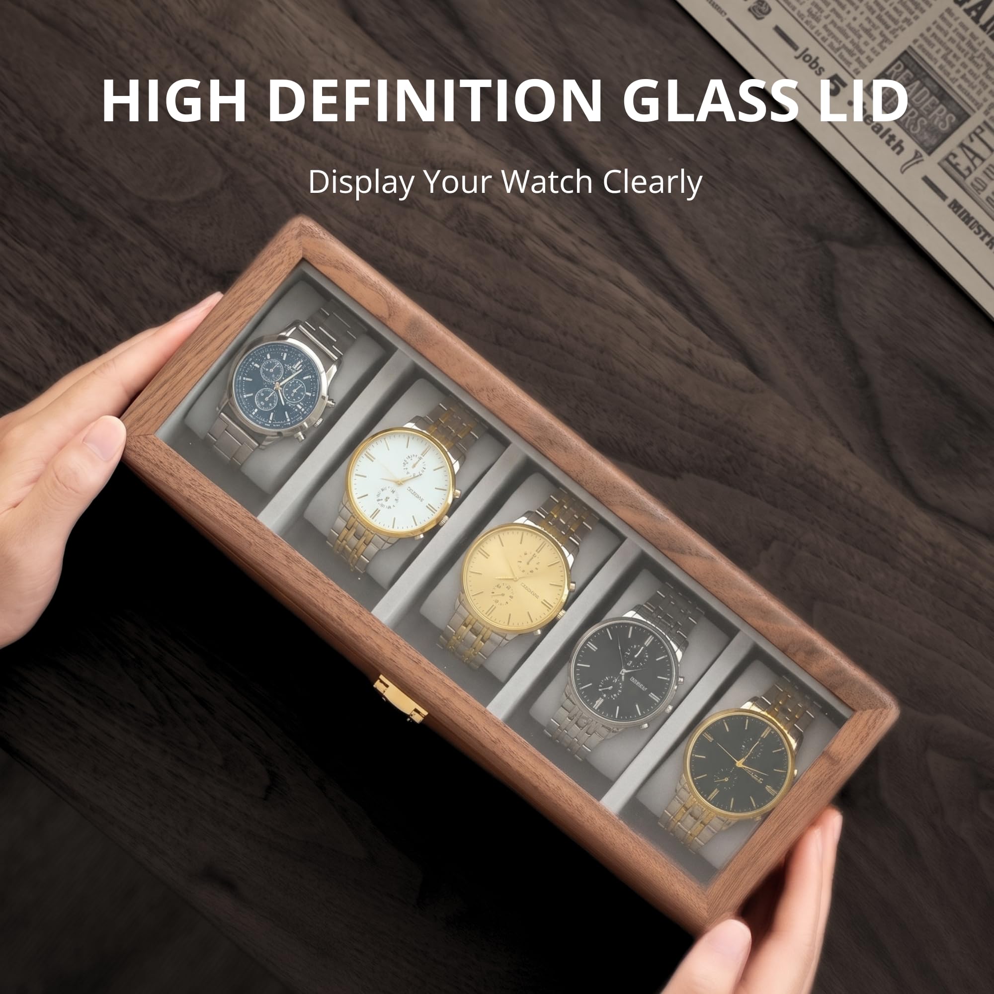 muso wood Boîte à montres en noyer 5 emplacements avec couvercle en verre pour homme | Présentoir de rangement de montres de qualité supérieure, cadeau parfait pour les hommes