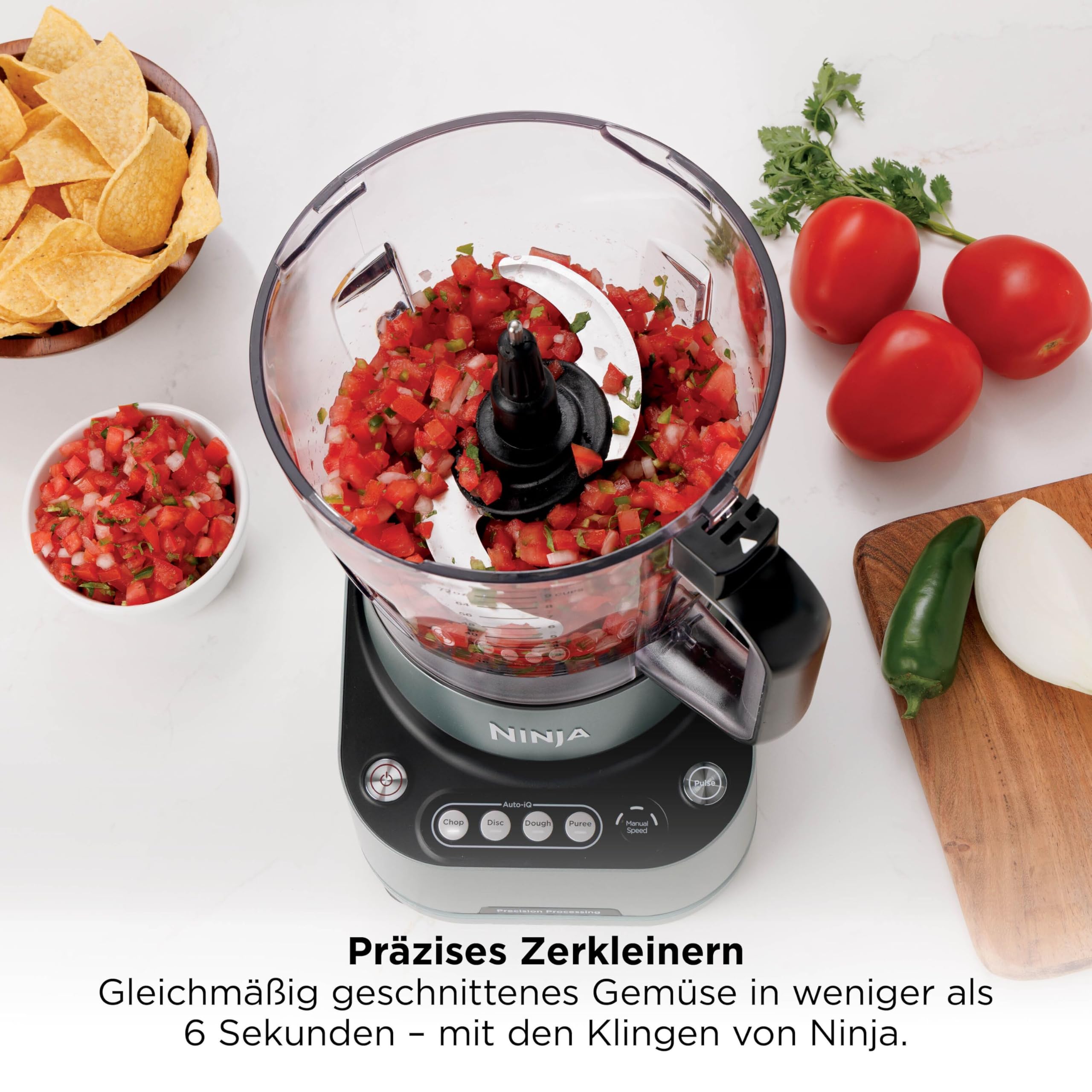 Ninja PrecisionPro 2,1 l Küchenmaschine, 4 Voreinstellungen und manuelle Einstellungen, Pizza- und Brotteig zubereiten, Gemüse schneiden und mehr, spülmaschinengeeignete Teile, Schwarz BZ651EU