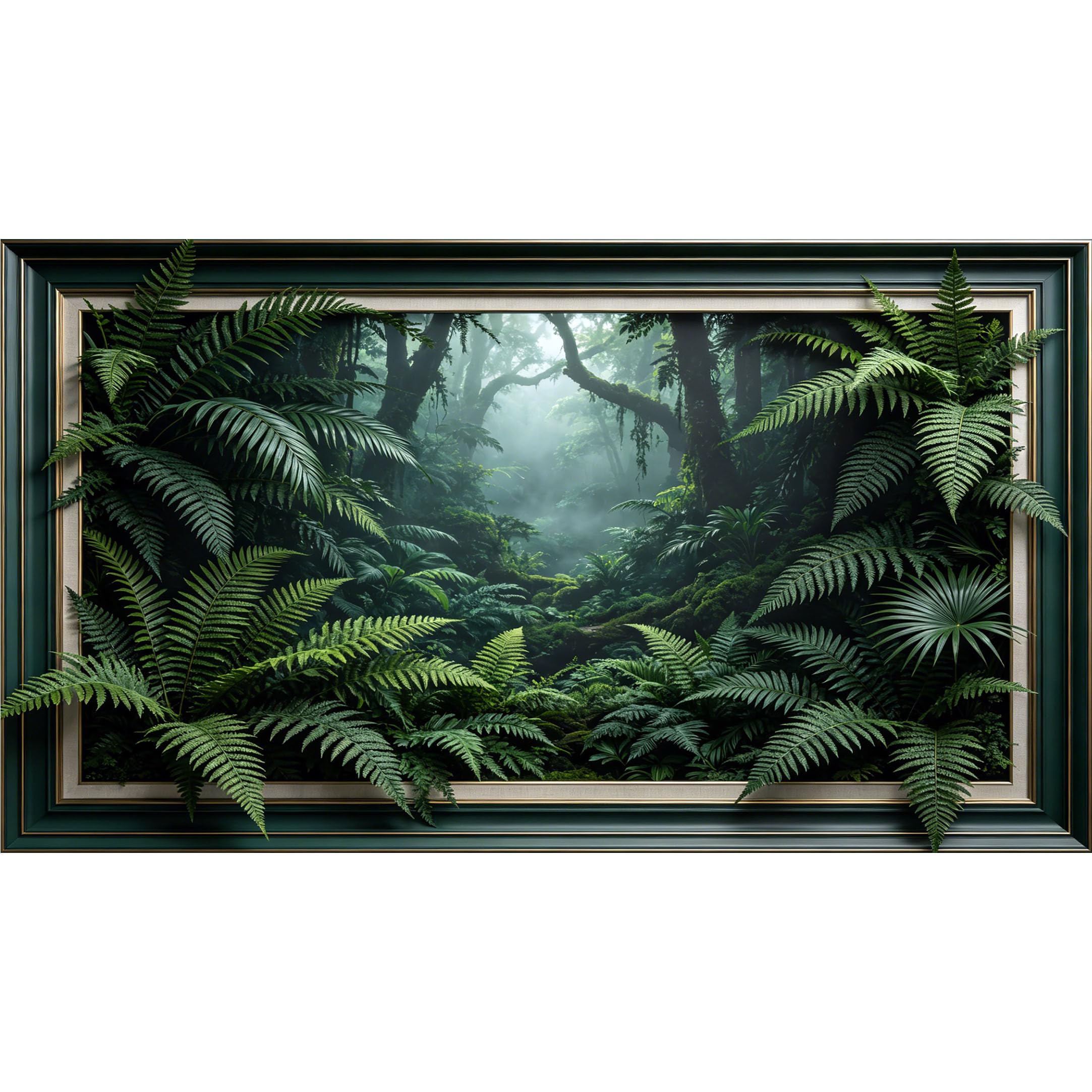QZLITHOTIC 50×90cm3D Framed Wall Art， Tropical Rainforest Fern Botanical 3D Trompe l'oeil Self?Adhesive Mural， Water?Activated Peel & Stick Fabric Decor Wall Decal for Bedroom Living Room