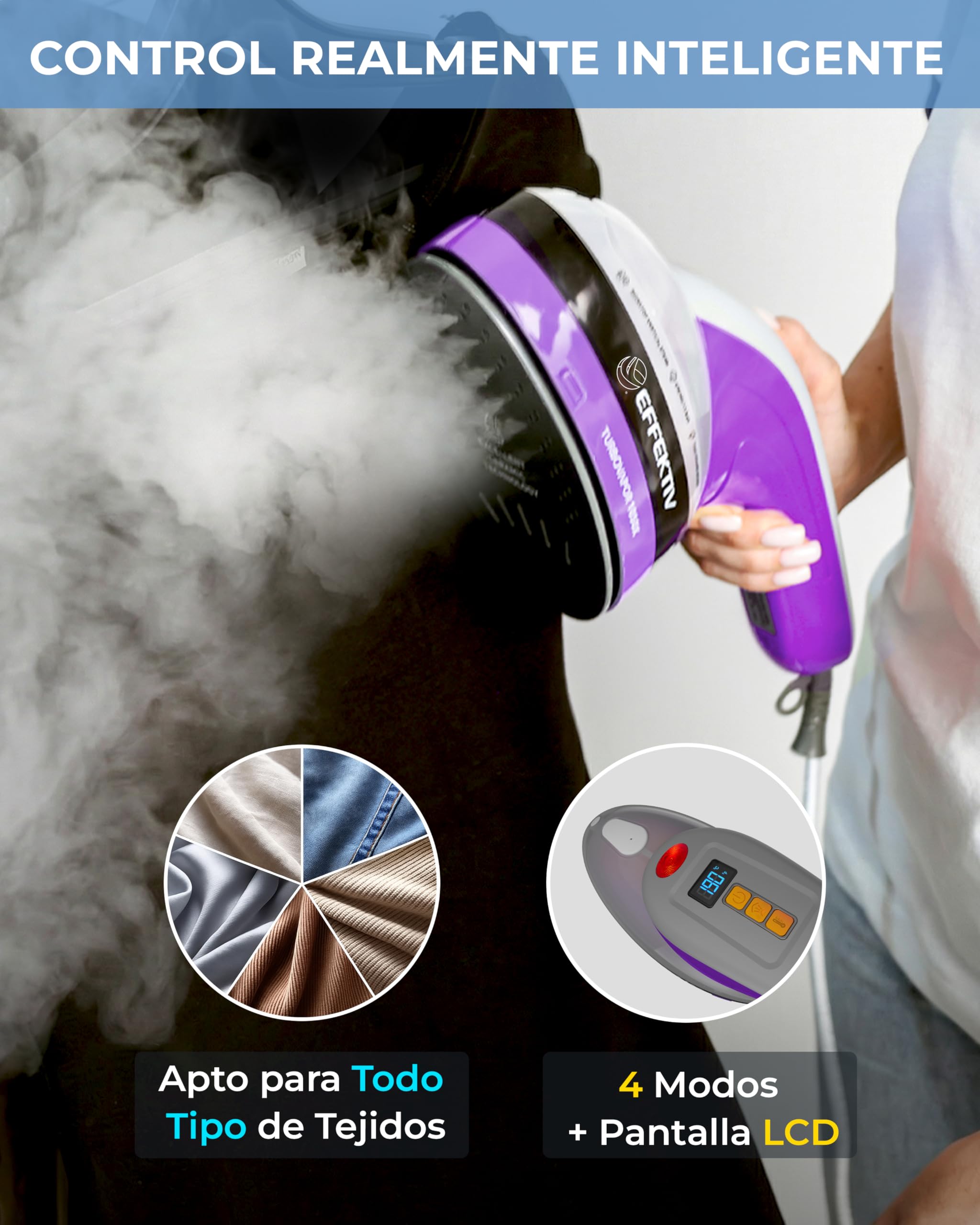 Plancha Vertical Vapor EFFEKTIV, 1800W, 3 en 1 Vapor Vertical Premium, Plancha Ropa con Suela Cerámica, Cepillo de Vapor, Depósito 250ml, Vapor Continuo 750mg/sec, Pantalla led, Autoapagado, Cable 3m