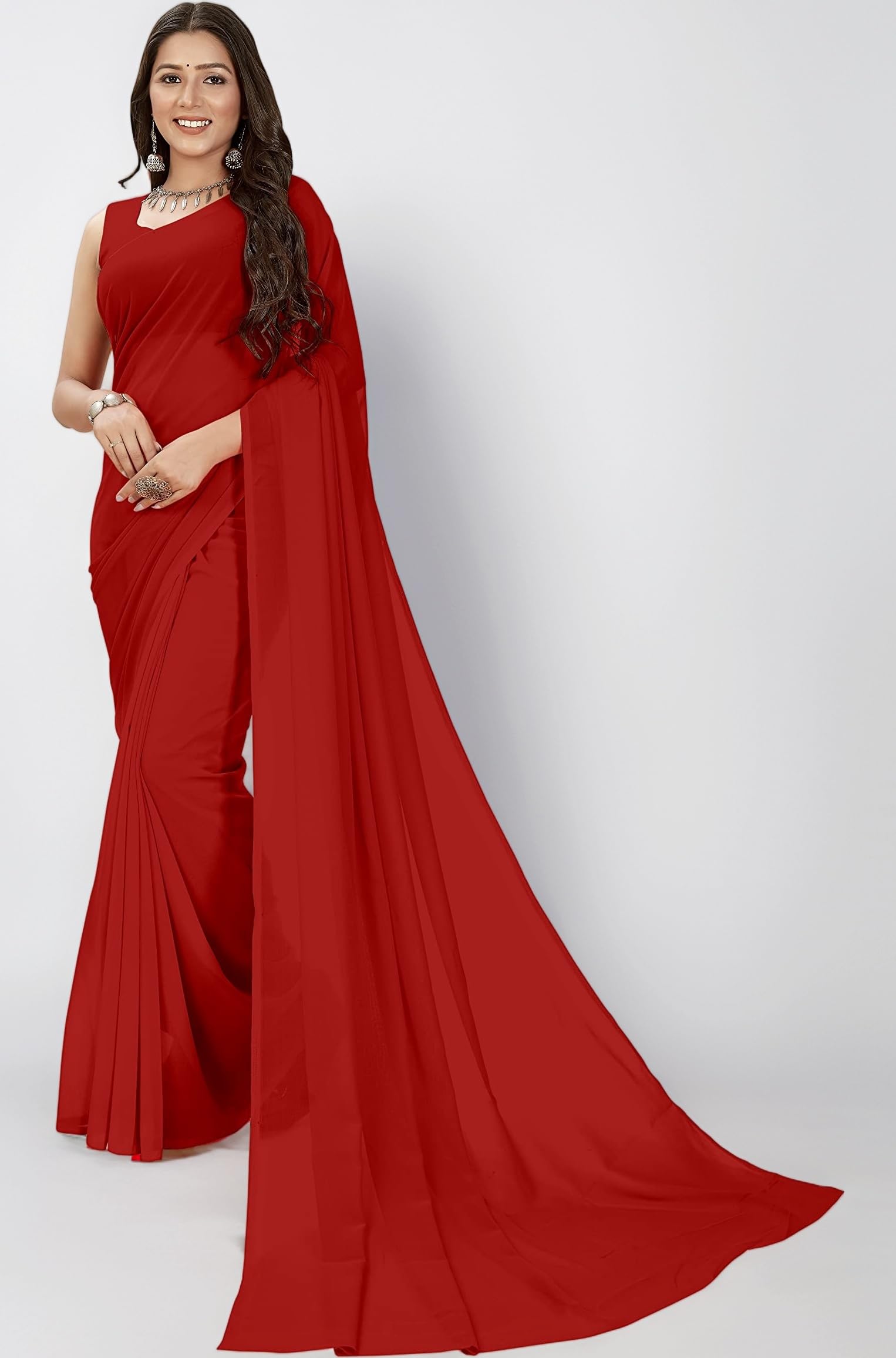 Women's Regular Fit Solid Plain Bollywood Georgette Saree with Matching Blouse Piece | Stylish, Comfortable & Fancy Saree for Parties, Weddings, Casual Outings, Festivals | Ideal for Gift