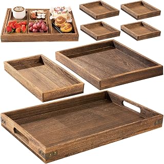 Yangbaga Set of 7 Rustic Paulownia Wood Serving Trays with Handles - Nesting Rectangular Platters for Serving, Breakfast, Decor