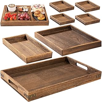 Yangbaga Rustic Wooden Serving Trays with Handle - Set of 7 Rectangular Platters for Entertaining, Breakfast, Coffee Table, Home Decor