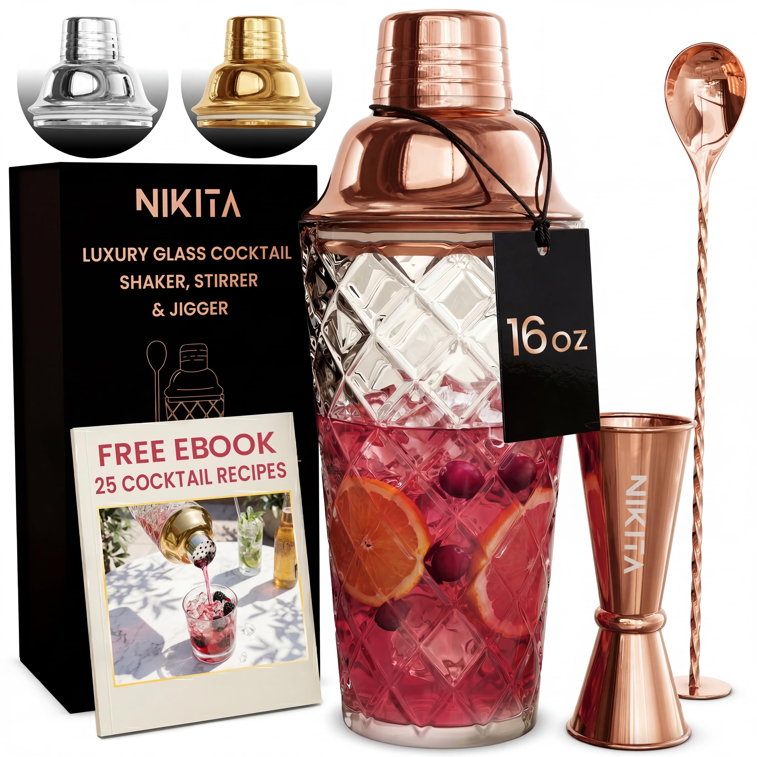 Nikita Cocktail Shaker, 5-Piece Martini Shaker & Bartender Kit with Bar Accessories Strainer, Jigger, Spoon & Muddler, Rose Gold 16oz Drink Mixer with Bartender Accessories