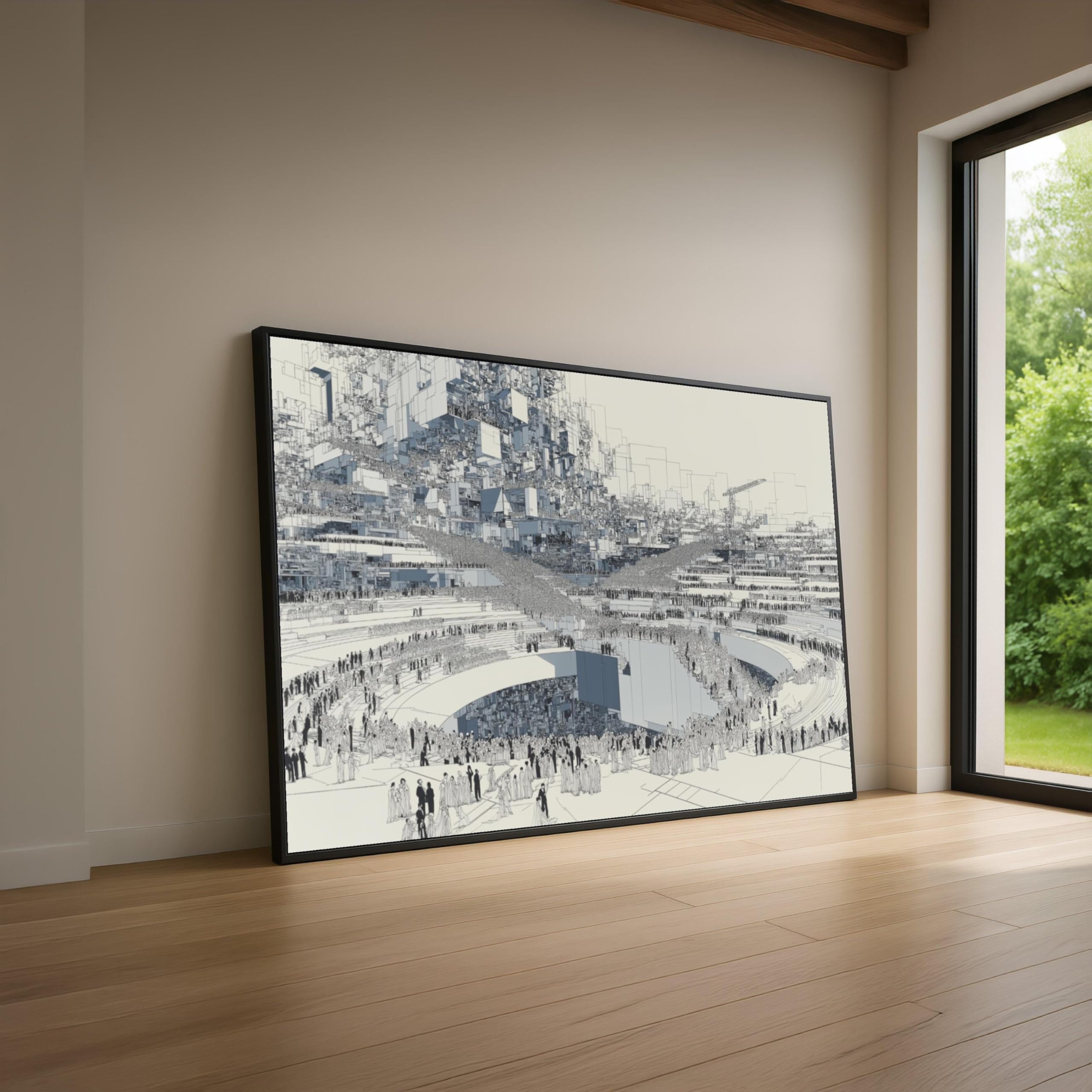 XINBAO Abstract Urban Crowd Scene Canvas Wall Art, Architectural Line Drawing Wall Art, Cityscape Painting, Contemporary Home(60x80cm/Inner frame)