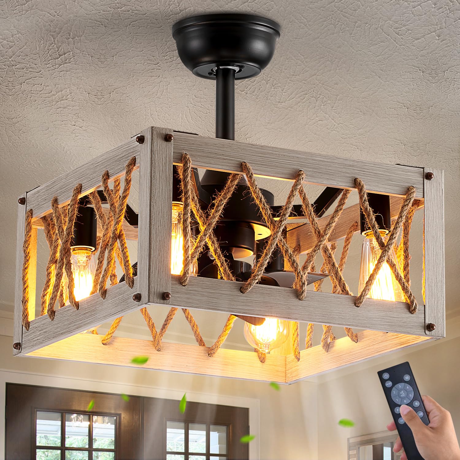 Dalouguan Farmhouse Ceiling Fan with Light, 4-Light Rustic Caged Ceiling Fan with Lights and Remote, Bladeless Ceiling Fan for Living Room Bedroom Dining Room