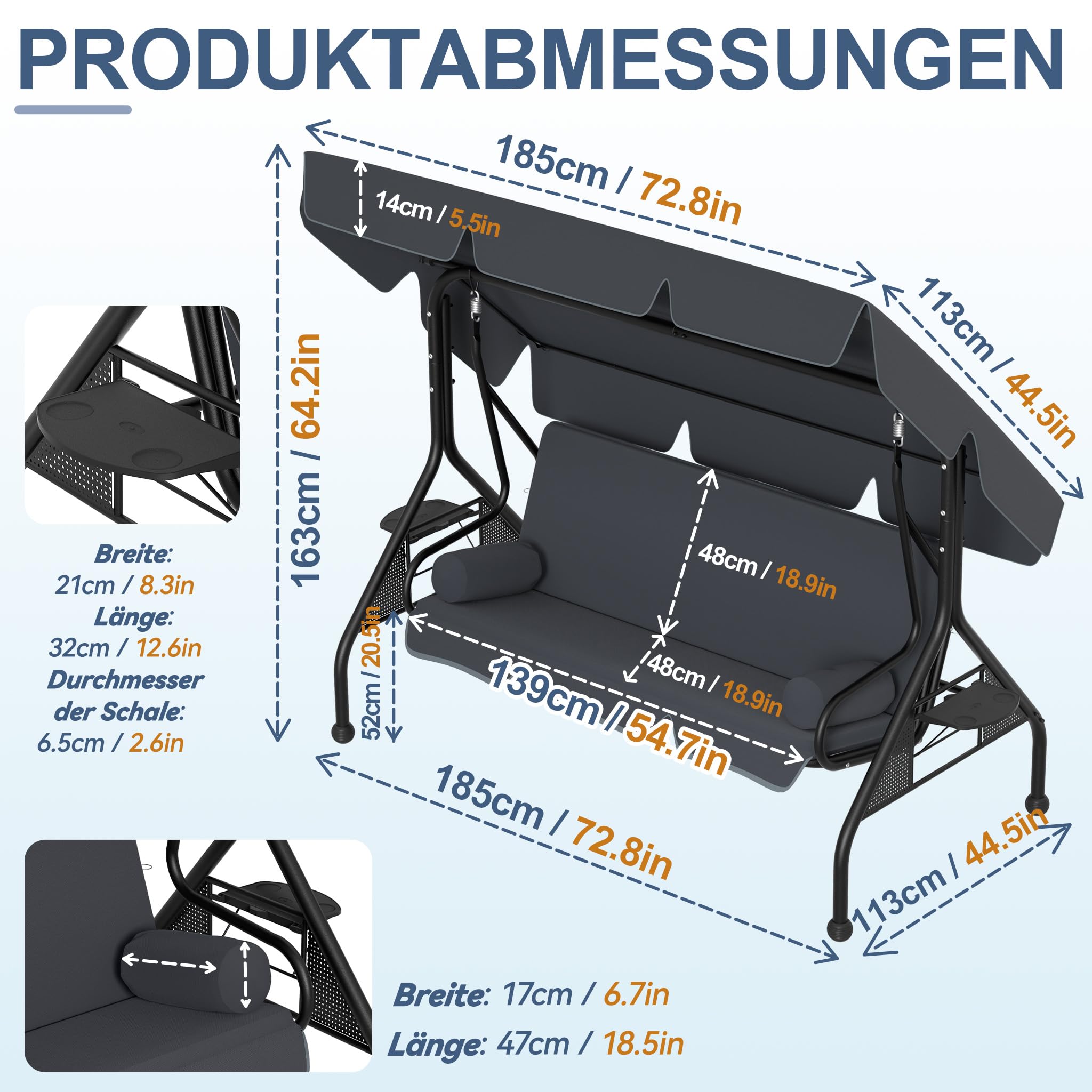 XMTECH Hollywoodschaukel 3-Sitzer mit Liegefunktion & verstellbarem Sonnendach, Gartenschaukel mit Seitentischen & Kissen, Schaukelbank Garten Terrasse, bis 350 kg, 185 x 113 x 163 cm, Anthrazit
