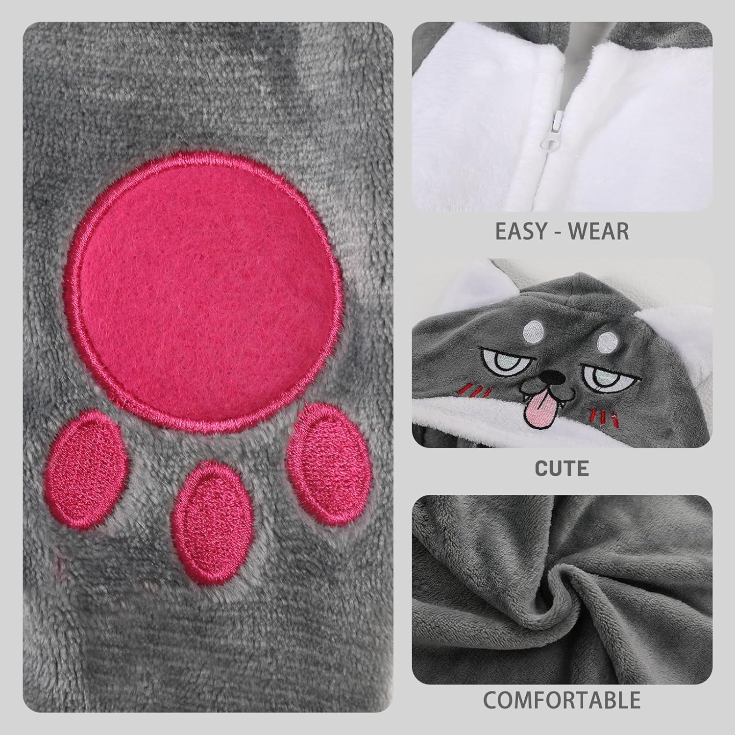 Animal Rabbit Husky Onesie Adults Soft Fleece Hooded Pajamas Costume with 3D Ears Tail for Halloween Cosplay - Image 6