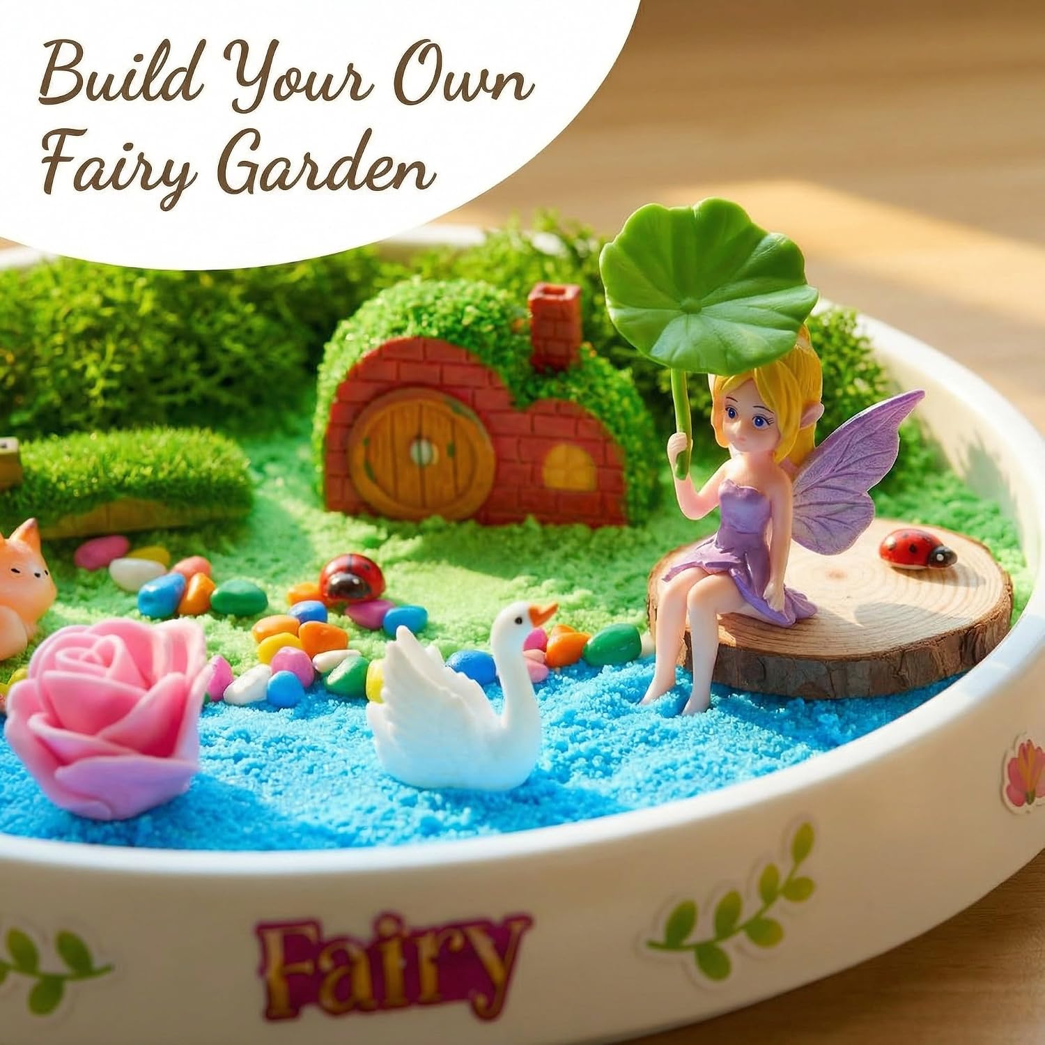 Spinning Fairy Garden Sensory Bin，Desktop Sandbox with Glow-in-the-Dark Sensory Sand，Rotating kit with 360°Turn Sensory Box for Stress Relief，Sand Play Set for Boys and Girls Ages 3 4 5 6 7 8