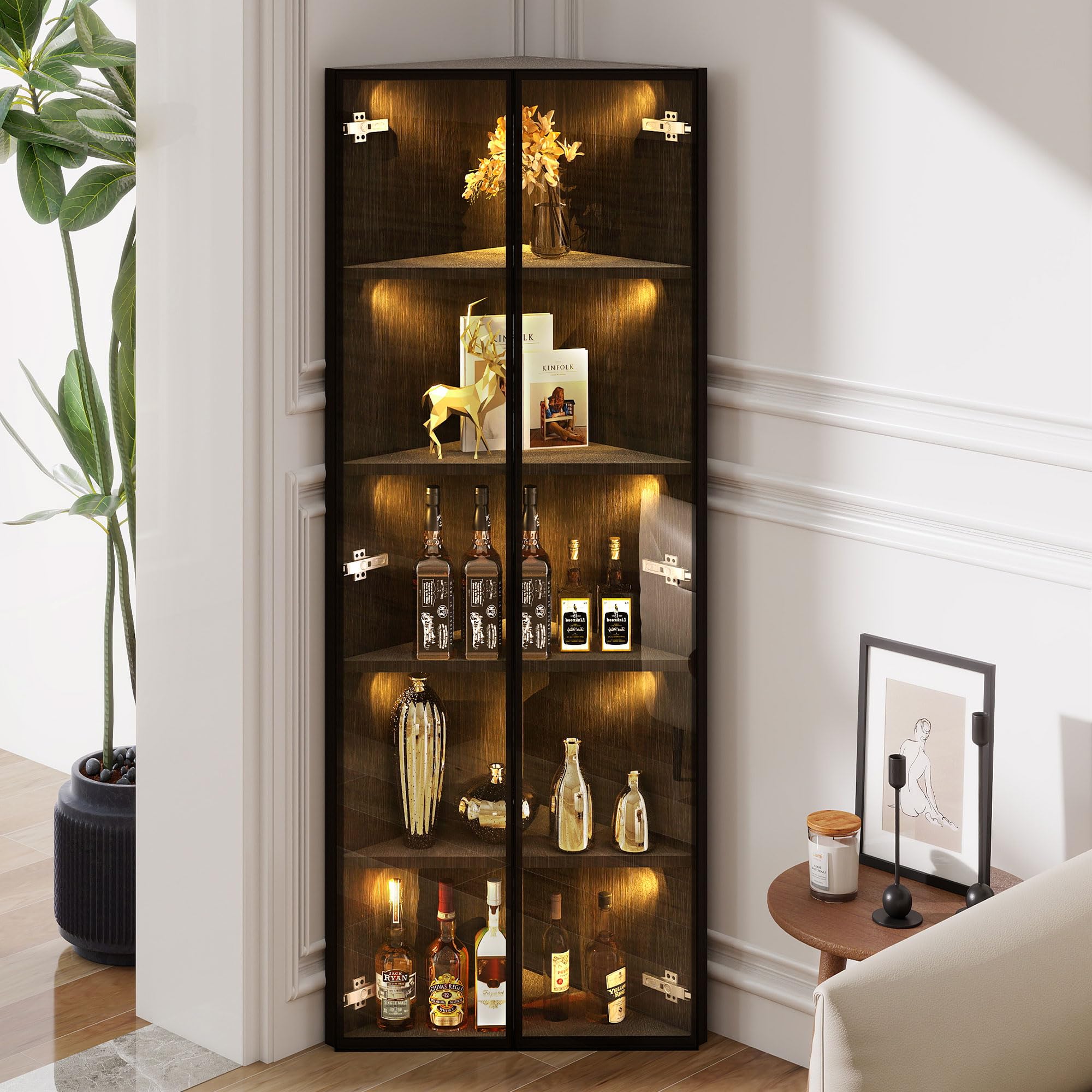 Vetrina in vetro a LED, 62 x 35 x 160 cm, nera, con strisce luminose integrate, vetrina in vetro temperato resistente alla polvere, con elementi angolari con ante – armadio ad angolo, libreria