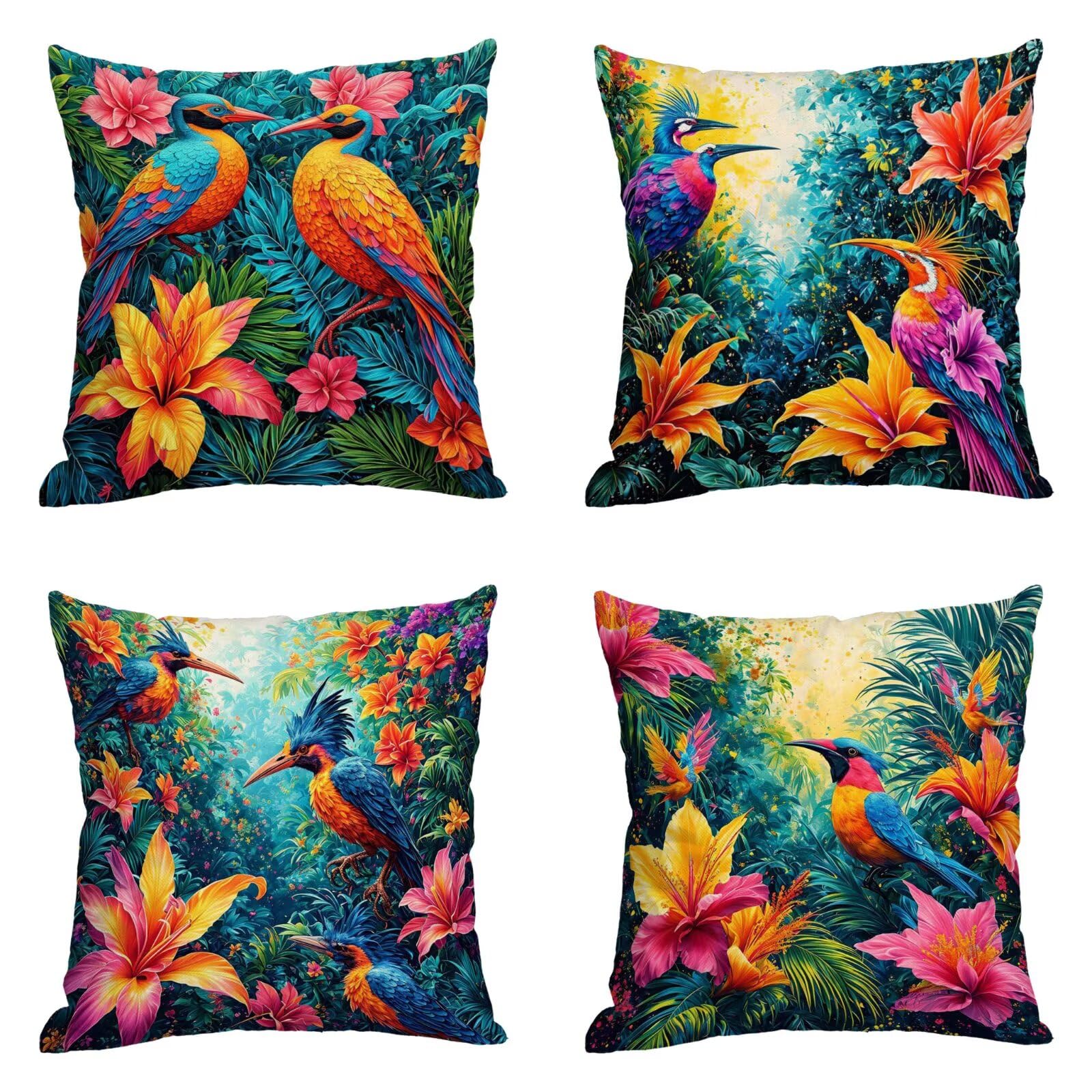 Housse de coussin extérieur en lin durable et imperméable aux motifs fleurs et oiseaux