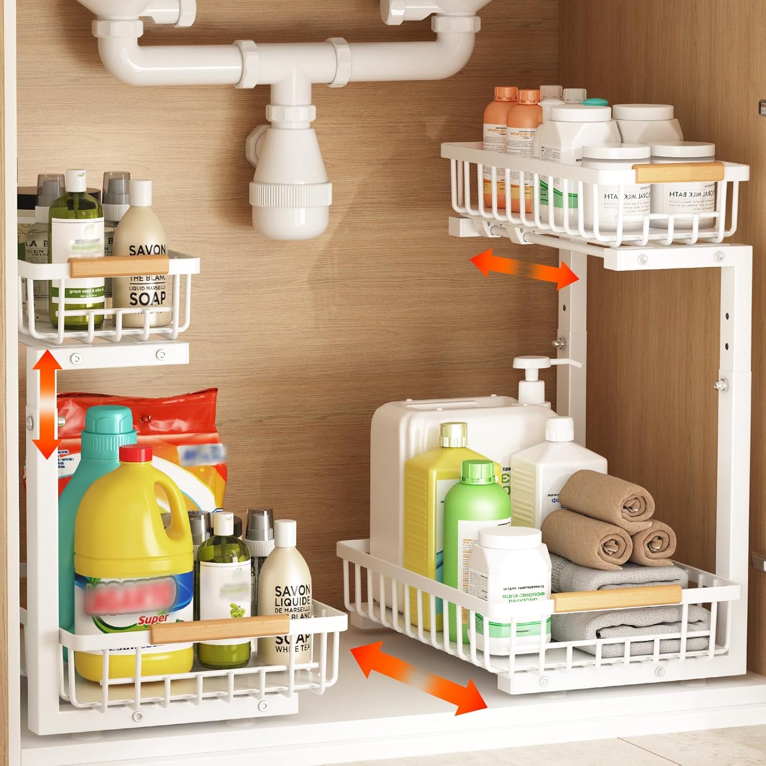 Under Sink Organizer, 2 Pack Under Sink Organizers and Storage, 2-Tier Pull Out Under Cabinet Organizer Storage Shelf, Metal Frame, Height Adjustable Rack for Bathroom Kitchen Pantry