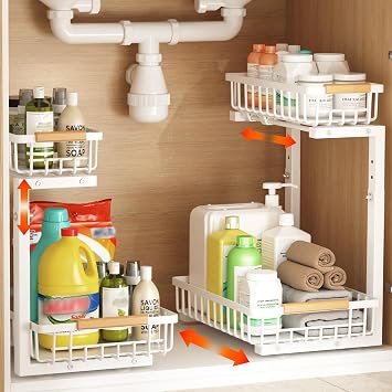 Under Sink Organizer, Under Sink Organizer and Storage, 2 Drawer Under Cabinet Organizer Storage Shelf, Metal Frame, Adjustable Height Rack for Bathroom Kitchen Pantry
