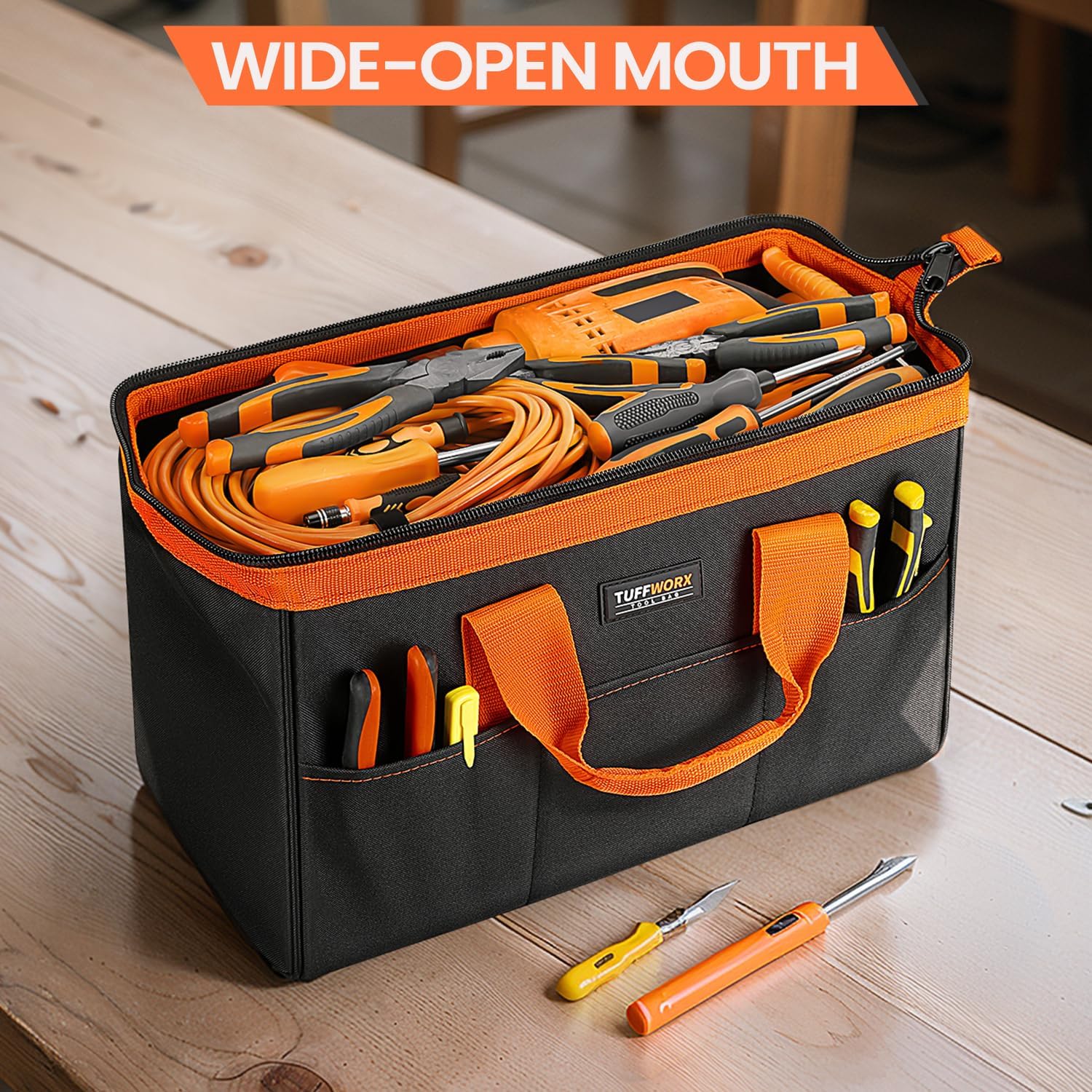 Wide Mouth Tool Bag, Heavy Duty Tool Bags for Men, 12-Pocket Portable Empty Tool Box Organizer Storage for Mechanic, Electrician, 17.3 inch, 600D Oxford, Orange - Image 7