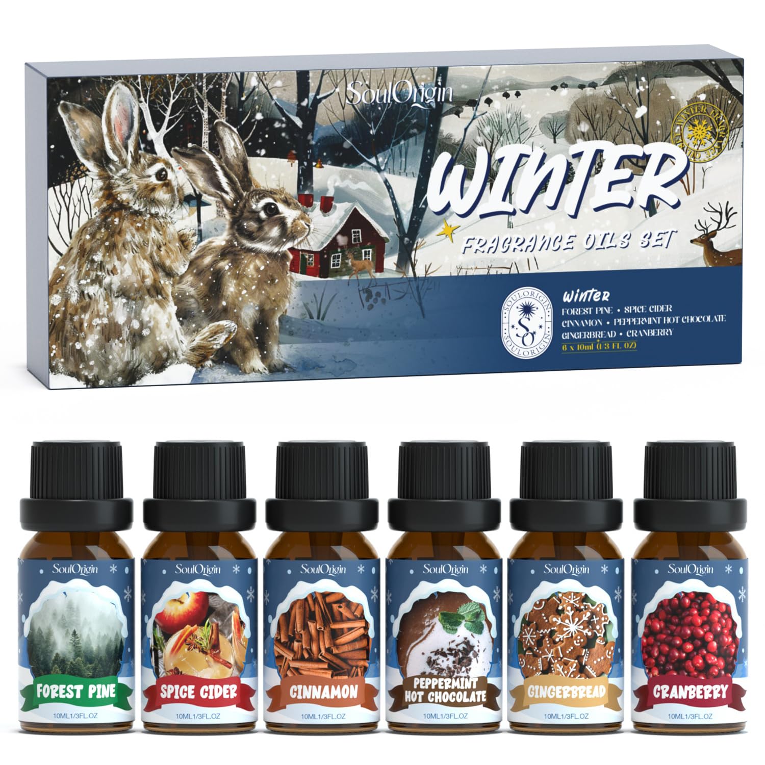 Winter Essential Oils Set, Fragrance Oil Gift Set for Oil Diffusers, Scented Oils for Soap 6x10ml - Forest Pine, Spiced Apple Cider, Cinnamon, Mint Hot Chocolate, Gingerbread, and Cranberry
