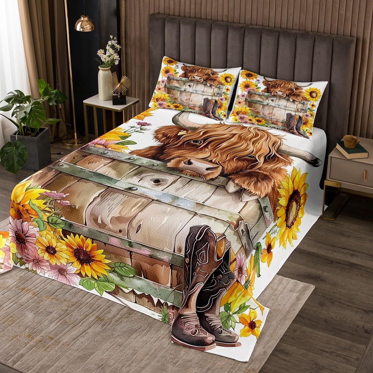 Highland Cattle Bedspread Twin Size Bedding for Kids Teens Bedroom Yellow Sunflower Rustic Decor Coverlet Set Cute Farm Animal Quilt Set for All Season,2 Pcs with 1 Pillowcase
