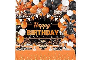 62Pcs Orange and Black Birthday Party Backdrop for Men Halloween Decorations