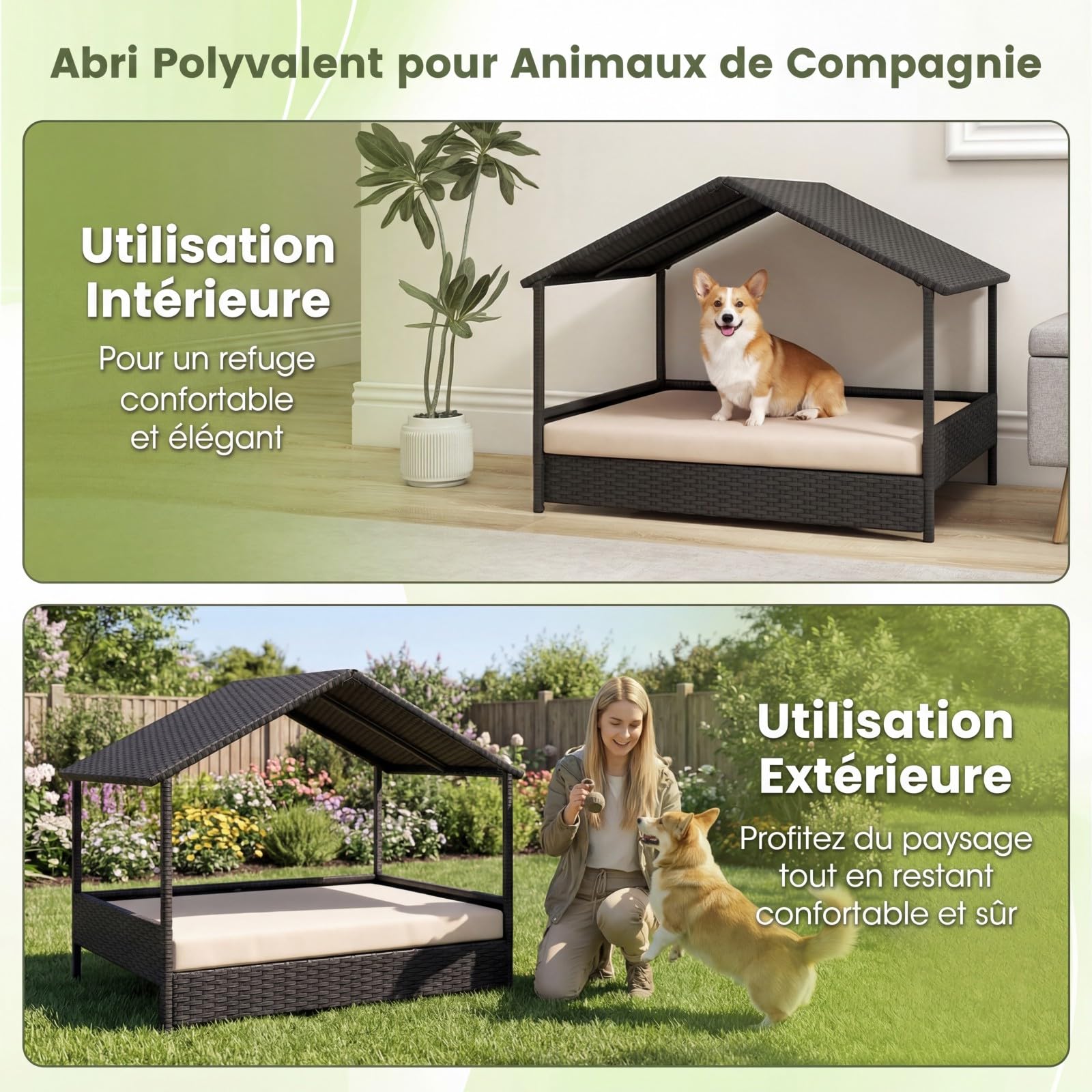 COSTWAY Niche pour Chien Exterieur Interieur en Rotin PE, Coussin Amovible, Charge 60 kg, Chenil pour Chien Exterieur, Cadre en Métal, Base Surélevé, pour Petits&Moyens, 98 x 69 x 74 cm (Beige)