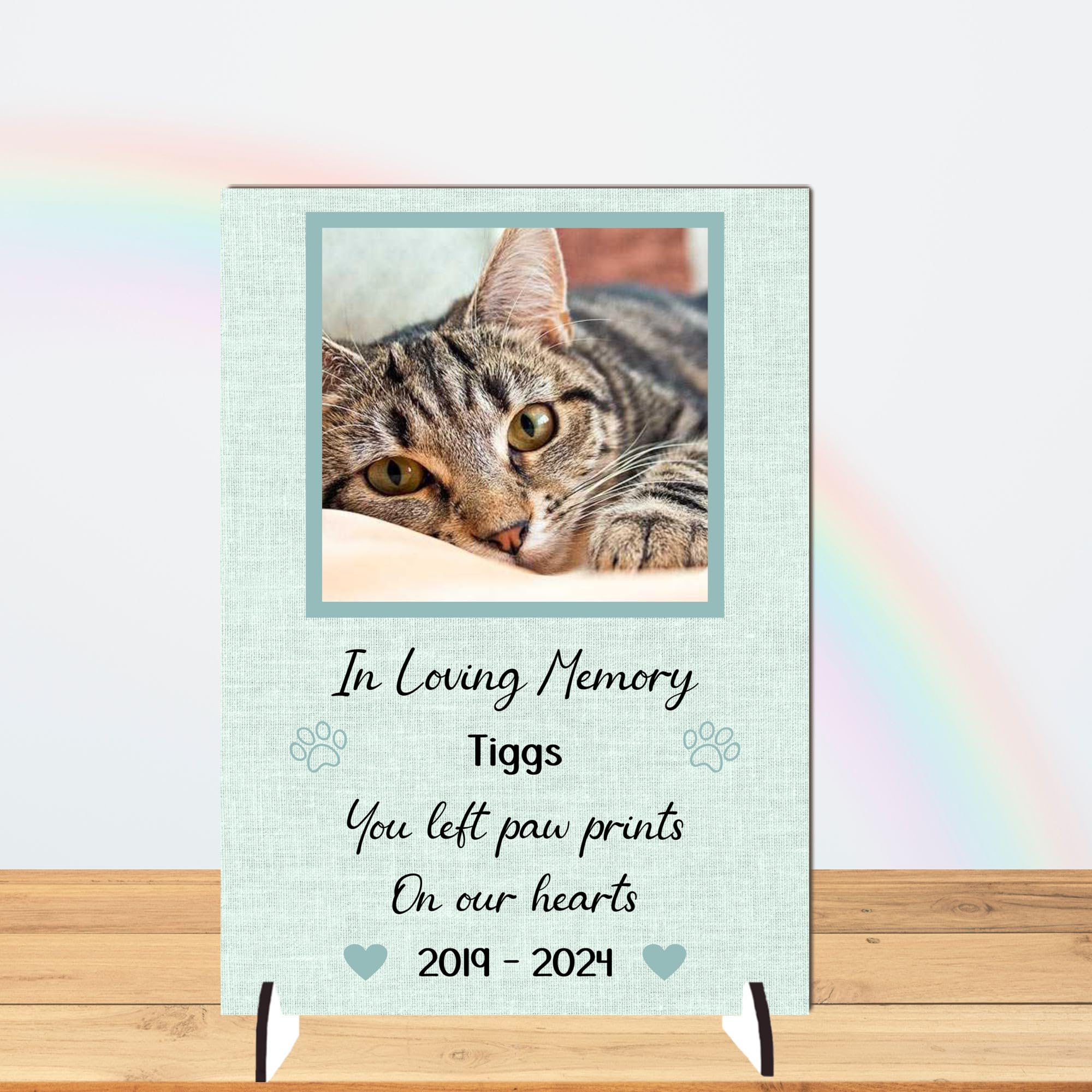 Personalised Pet Bereavement Photo Plaque - "Paw Prints on Our Hearts" Custom Memorial, Available in MDF or Acrylic, Size 148mm x 210mm (Mdf Wood A4 30cm x 21cm, Mint)
