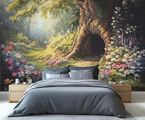 Miniatura 15 de Mural de pared 3D de pintura al óleo para jardín, mural de pared 3D de jardín de cabaña europea, mural de papel tapiz de bosque que explota de Fondo