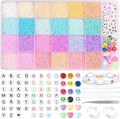 Juego de cuentas de semillas de 0.079 pulgadas, cuentas pequeñas de 24 colores para pulseras, 110 de color caramelo pastel con cuentas de letras del