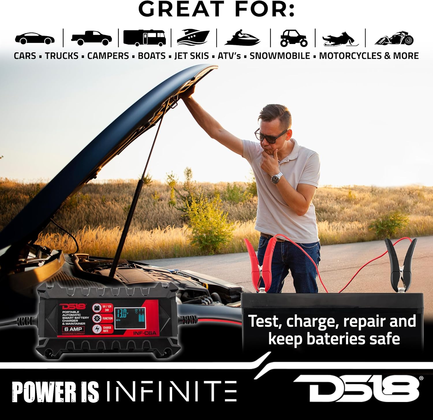 DS18 INF-C6A 6V/12V Car Battery Charger, Portable Automatic Smart Lithium and AGM Battery Trickle Charger & Maintainer 6A for Car Truck Motorcycle Lawn Mower Boat Marine Lead Acid Batteries
