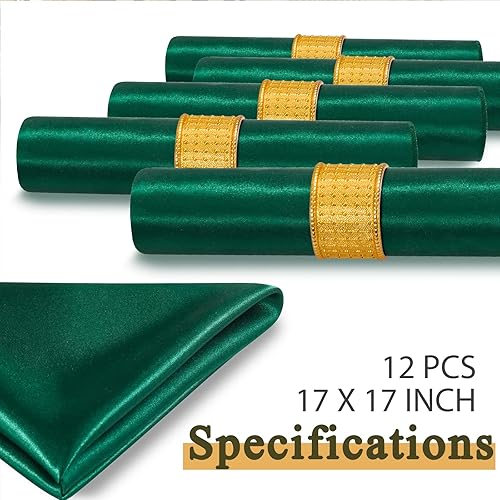 Miniatura 6 de Paquete de 12 servilletas de satén de 17 x 17 pulgadas, servilletas de boda sedosas verdes, lavables, juego de servilletas de lujo para mesa de