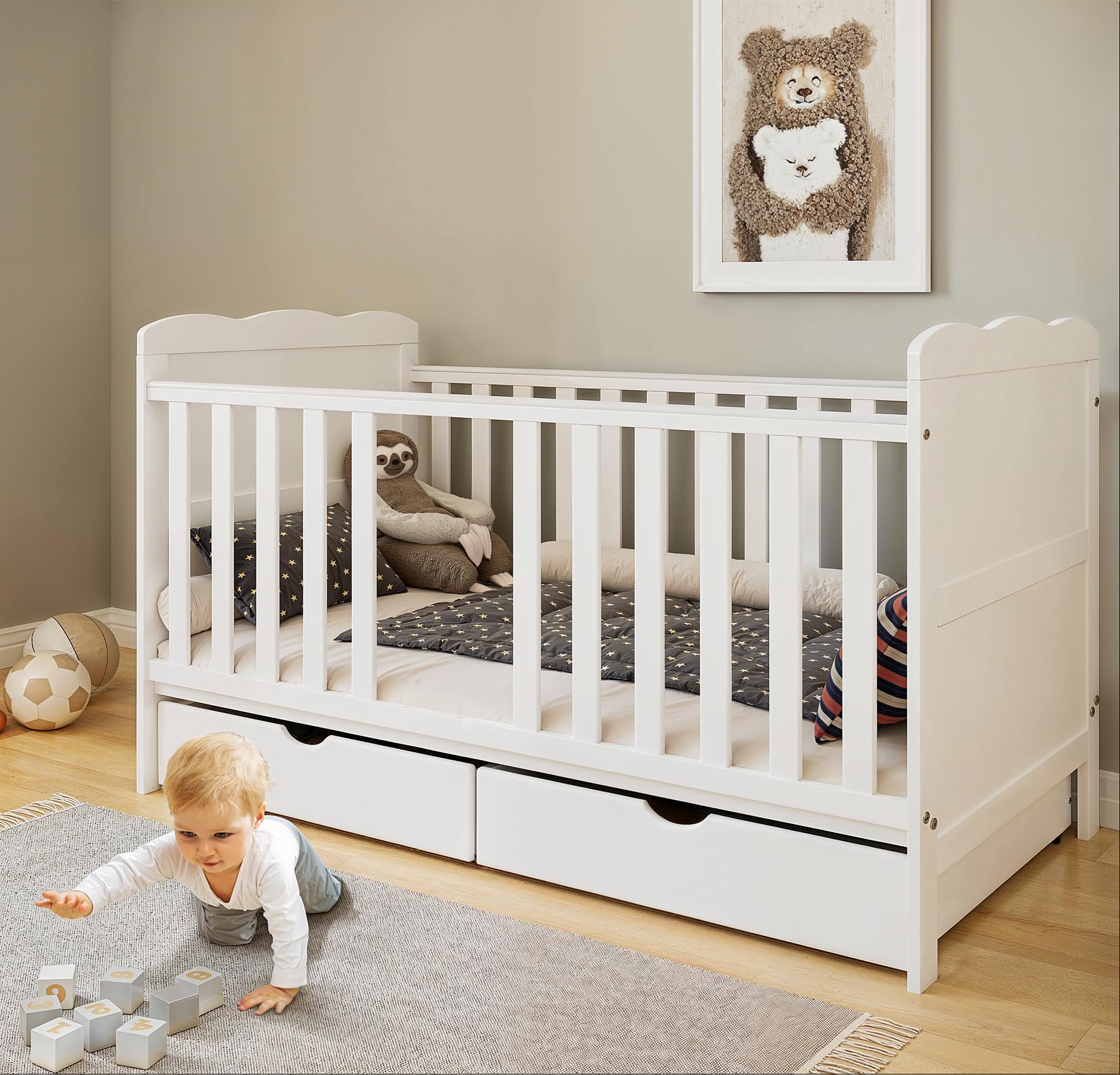 zee Cuna Bebé Blanca 140x70 Isabel 2 en 1 con Cajones