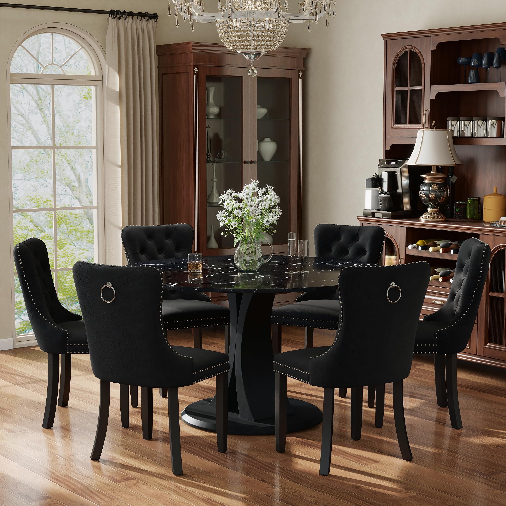 7-Piece Dining Table Set for 6 with 47 In Black Faux Marble Round Table